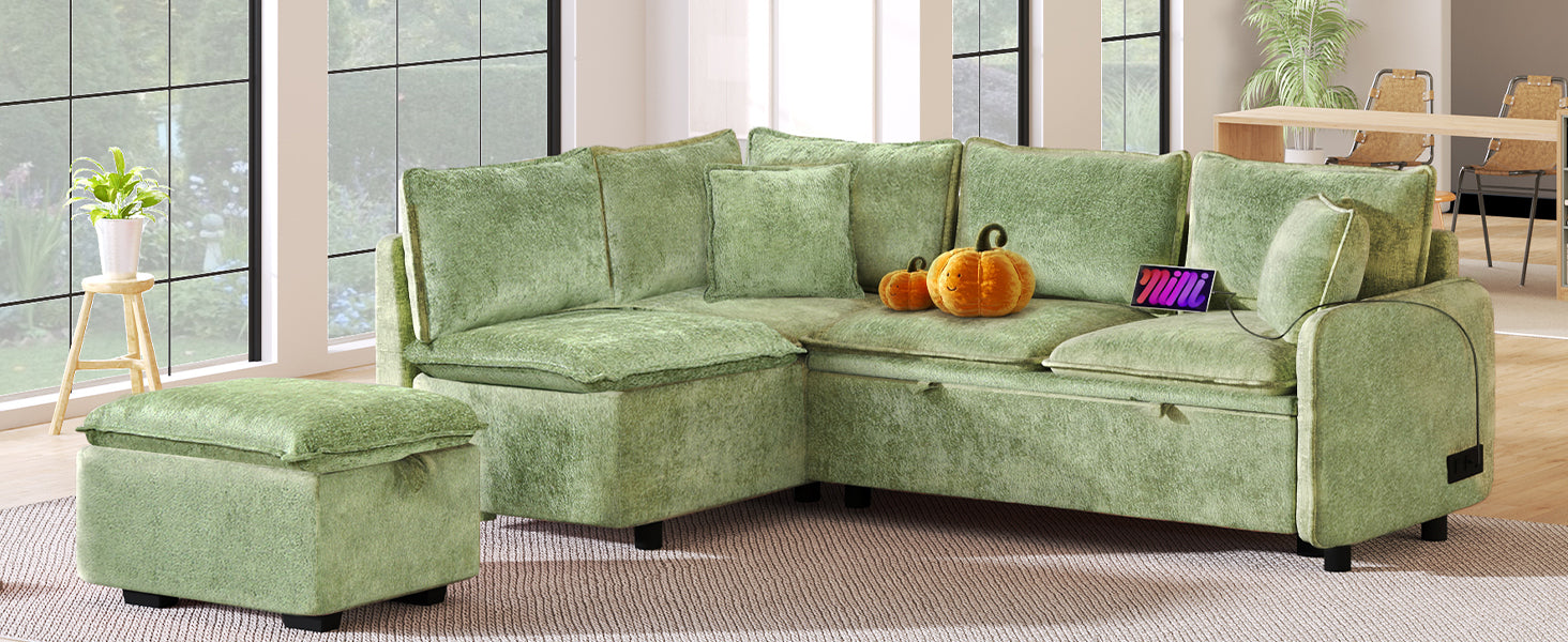 82.67"Convertible Sofa Bed Sectional Sofa Sleeper L Shaped Sofa With A Storage Ottoman,Two Pillows, Two Power Sockets And Two Usb Ports For Living Room, Green Green Foam Chenille 4 Seat