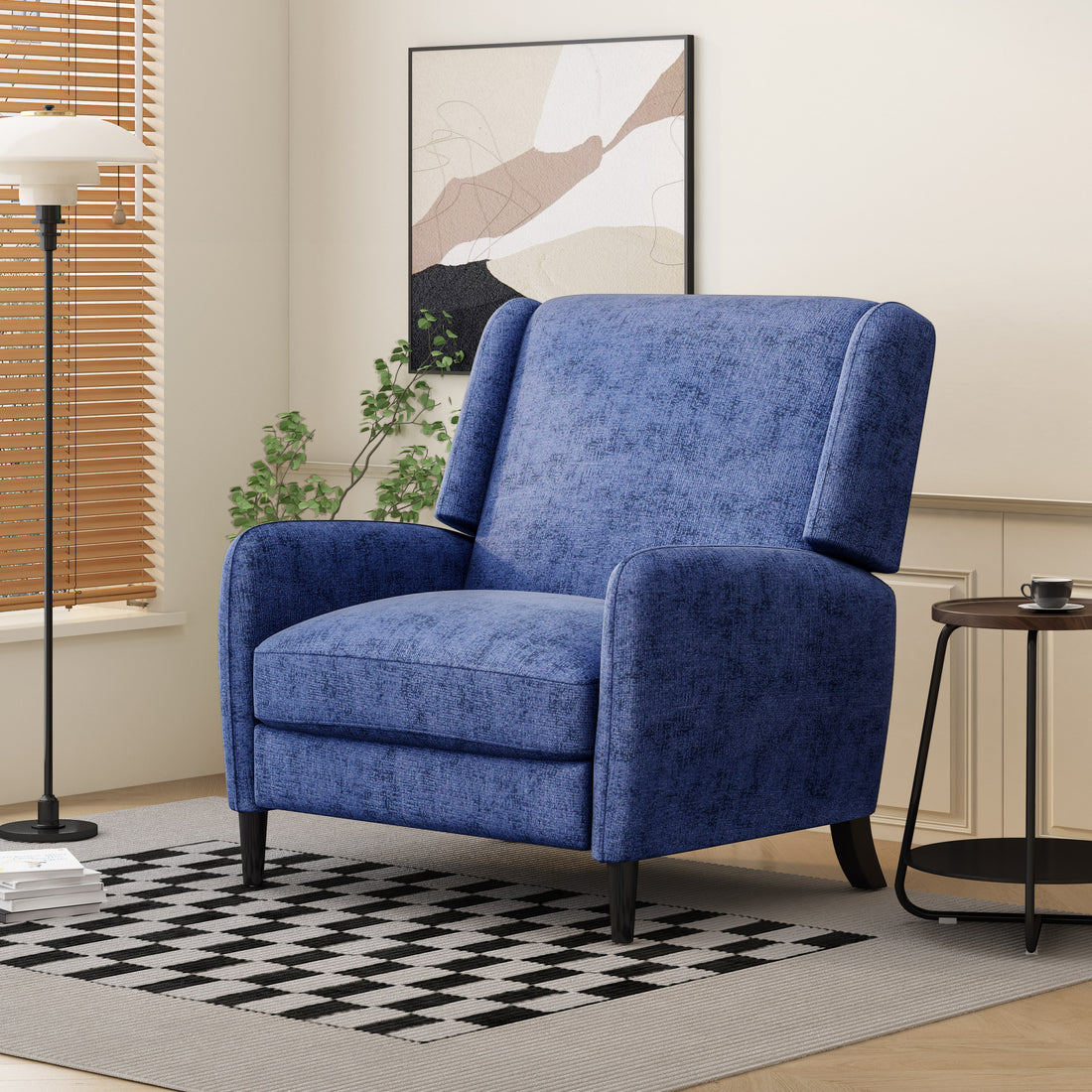 Oversized Textured Fabric Pushback Recliner, Navy Blue And Dark Brown Navy Blue Fabric