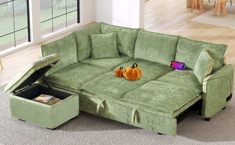 82.67"Convertible Sofa Bed Sectional Sofa Sleeper L Shaped Sofa With A Storage Ottoman,Two Pillows, Two Power Sockets And Two Usb Ports For Living Room, Green Green Foam Chenille 4 Seat