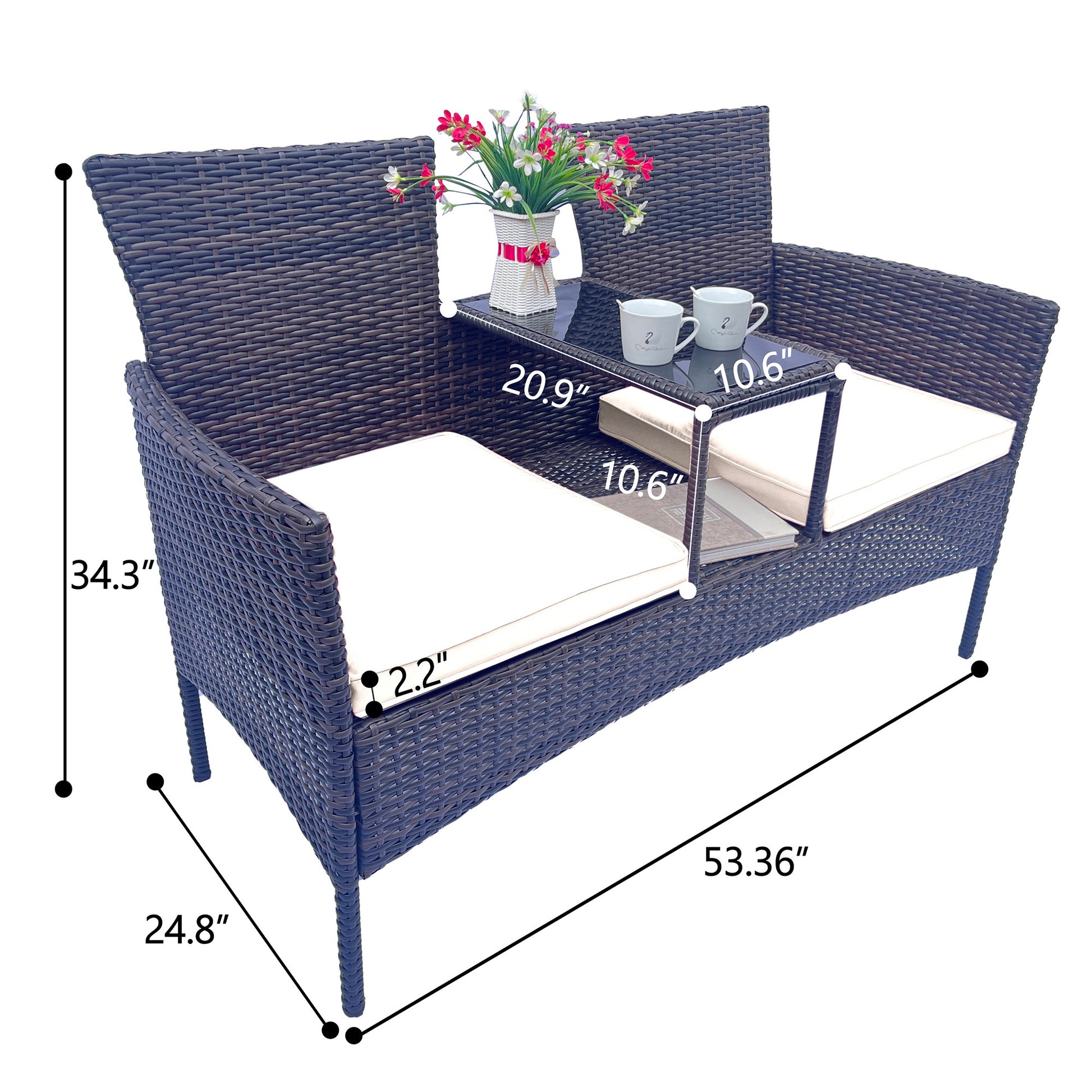 Wicker Patio Conversation Furniture Set, Outdoor Furniture Set With Removable Cushions & Table, Tempered Glass Top, Modern Rattan Bench For Garden Lawn Backyard Yes Complete Patio Set Brown Beige Weather Resistant Frame Water Resistant Cushion Garden &