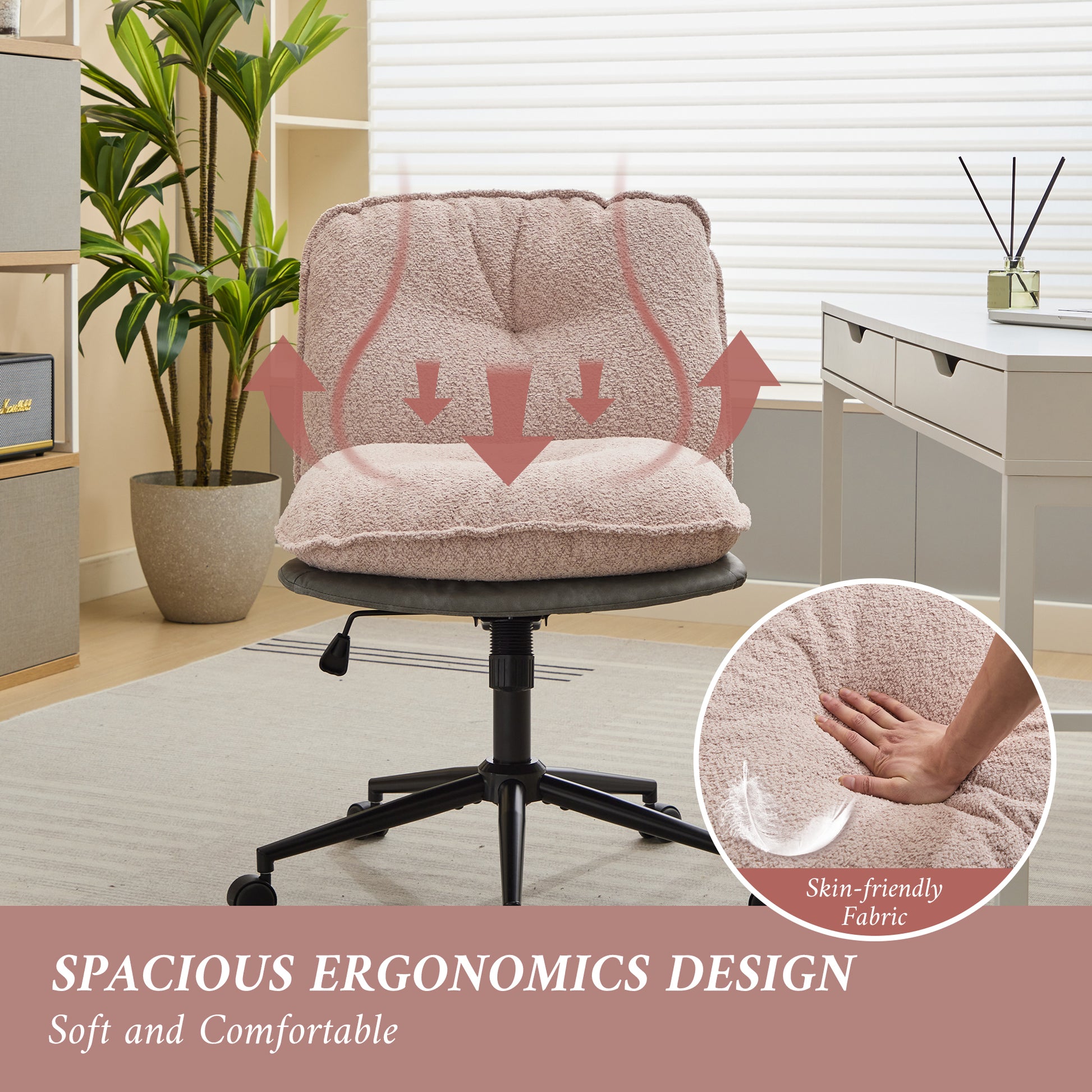 Oversize Seat Cirss Cross Chair With Wheels, Elegant Design Computer Chair, Adjustable Height 360 Rolling Swivel Home Office Chair For Small Space, Dressing Room, Living Room Gray Pink Pink Grey Primary Living Space Casual Foam Pu Leather