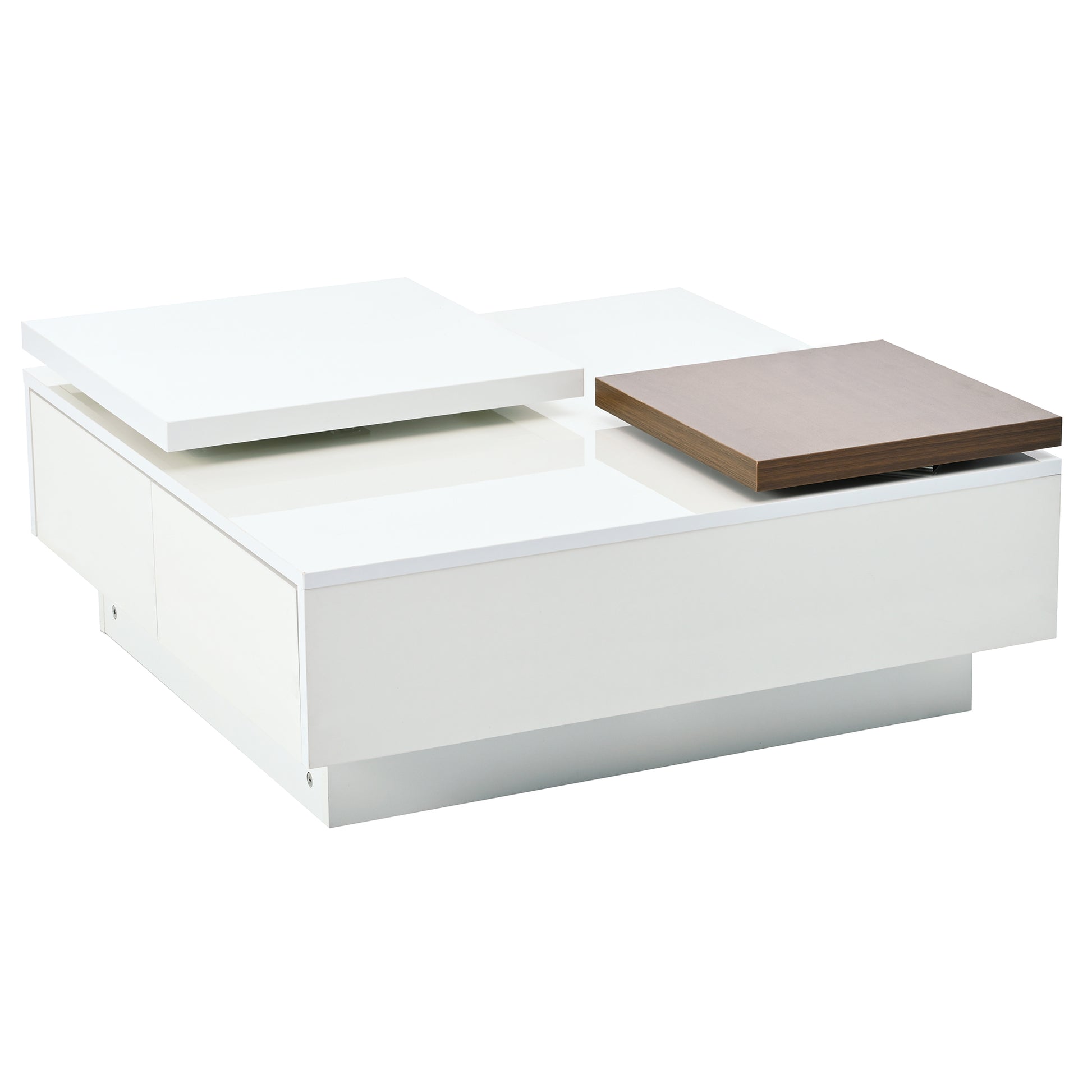 Movable Top Coffee Table, Modern Square Wood Coffee Table With High Gloss Finish, 4 Hidden Storage Drawers For Living Room White Mdf