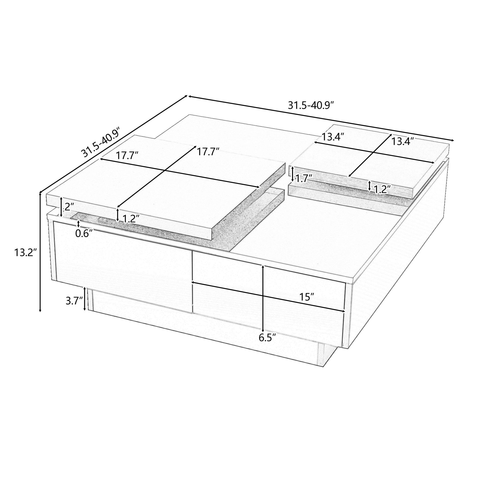 Movable Top Coffee Table, Modern Square Wood Coffee Table With High Gloss Finish, 4 Hidden Storage Drawers For Living Room White Mdf