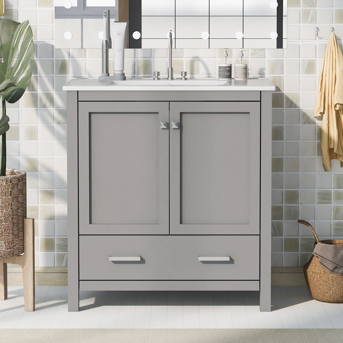 30" Gray Bathroom Vanity With Single Sink, Combo Cabinet Undermount Sink, Bathroom Storage Cabinet With 2 Doors And A Drawer, Soft Closing, Multifunctional Storage, Solid Wood Frame Gray Bathroom Solid Wood Mdf