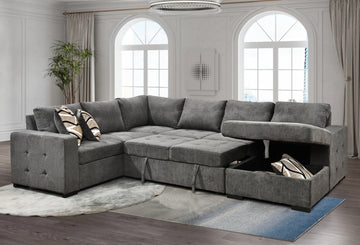 123" Oversized Sectional Sofa With Storage Chaise, U Shaped Sectional Couch With 4 Throw Pillows For Large Space Dorm Apartment. Charcoal Grey Light Brown Wood Primary Living Space Medium Duty Eucalyptus 6 Seat Charcoal Grey Chenille Soft Pillow Back