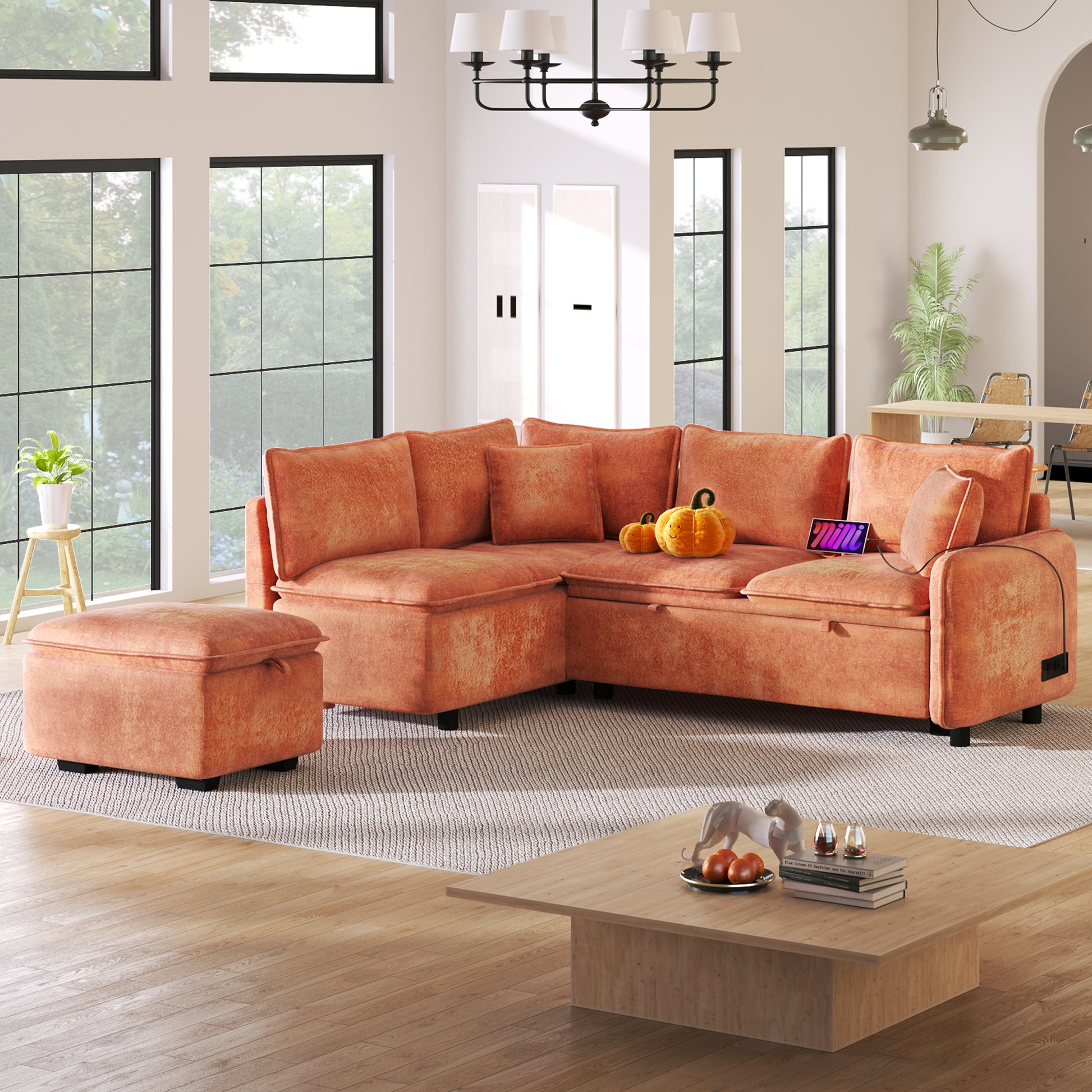 82.67"Convertible Sofa Bed Sectional Sofa Sleeper L Shaped Sofa With A Storage Ottoman,Two Pillows, Two Power Sockets And Two Usb Ports For Living Room, Orange Orange Foam Chenille 4 Seat