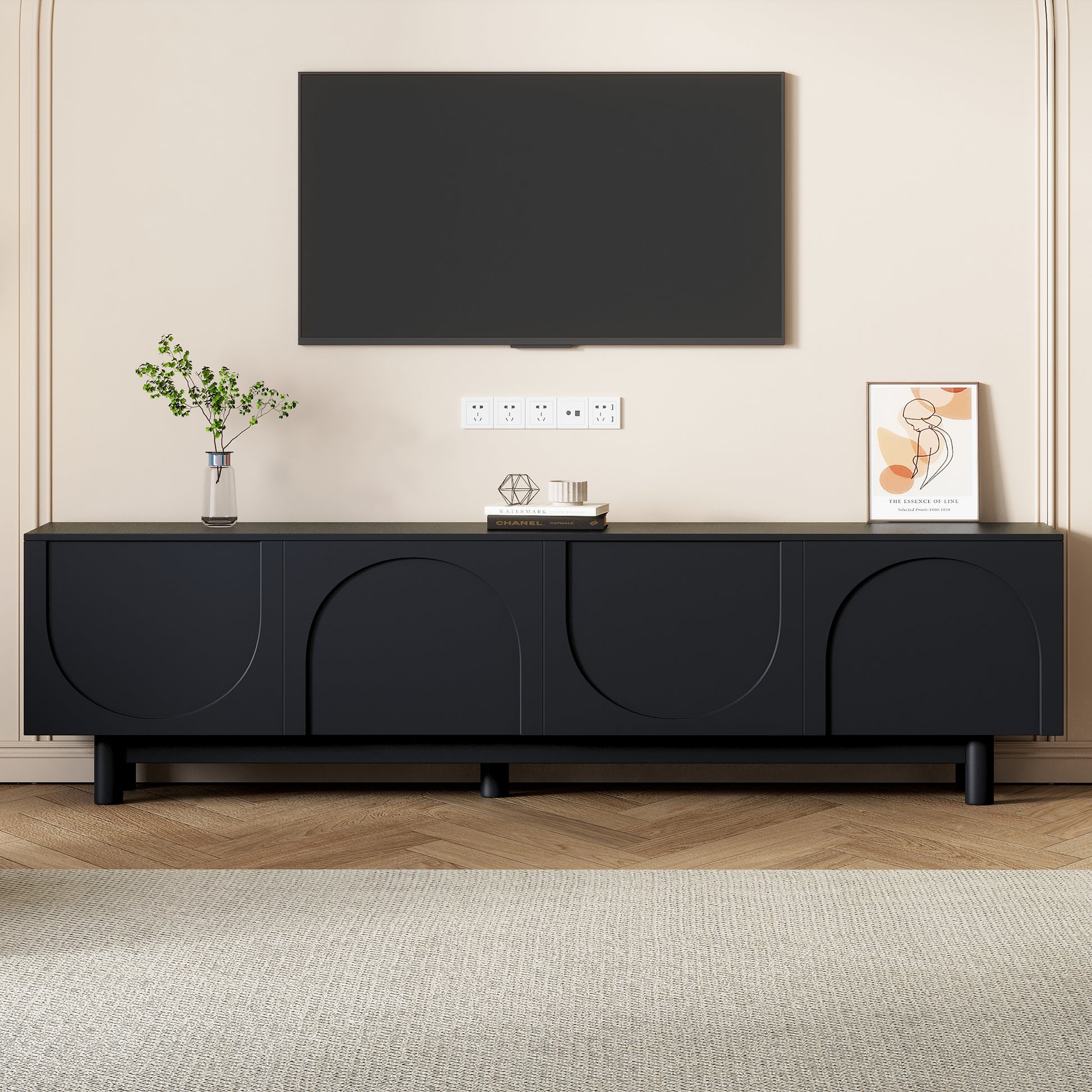 Graceful Tv Stand With Arch Cabinets For Tvs Up To 78'', Minimalist Entertainment Center With Solid Wood Legs, Practical Media Console With Adjustable Shelves For Living Room, Black Black Primary