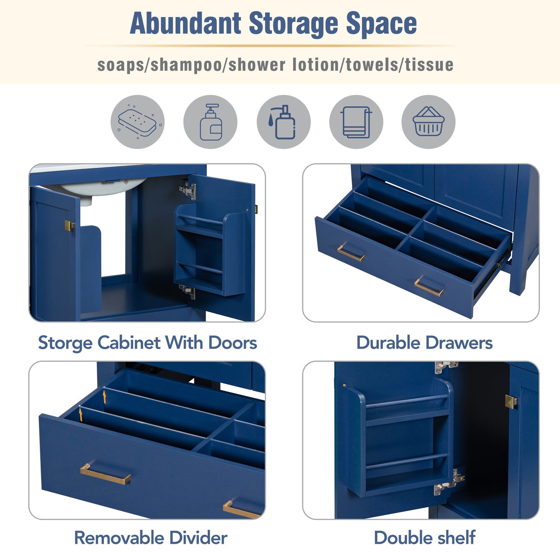 30" Blue Bathroom Vanity With Single Sink, Combo Cabinet Undermount Sink, Bathroom Storage Cabinet With 2 Doors And A Drawer, Soft Closing, Multifunctional Storage, Solid Wood Frame Blue Bathroom Solid Wood Mdf