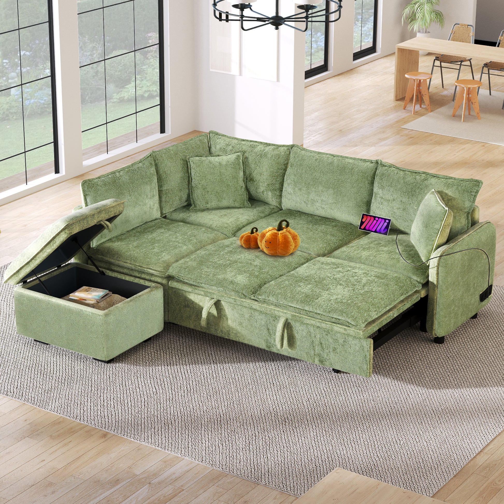 82.67"Convertible Sofa Bed Sectional Sofa Sleeper L Shaped Sofa With A Storage Ottoman,Two Pillows, Two Power Sockets And Two Usb Ports For Living Room, Green Green Foam Chenille 4 Seat