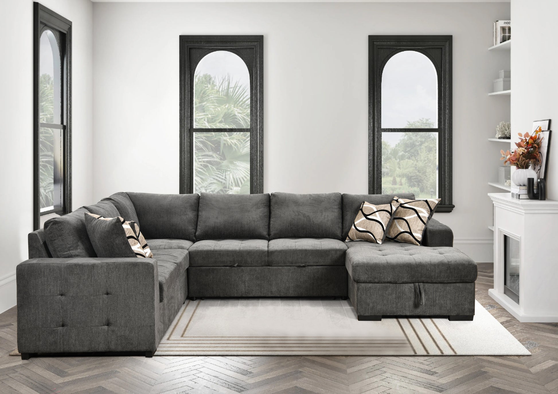 123" Oversized Sectional Sofa With Storage Chaise, U Shaped Sectional Couch With 4 Throw Pillows For Large Space Dorm Apartment. Charcoal Grey Light Brown Wood Primary Living Space Medium Duty Eucalyptus 6 Seat Charcoal Grey Chenille Soft Pillow Back