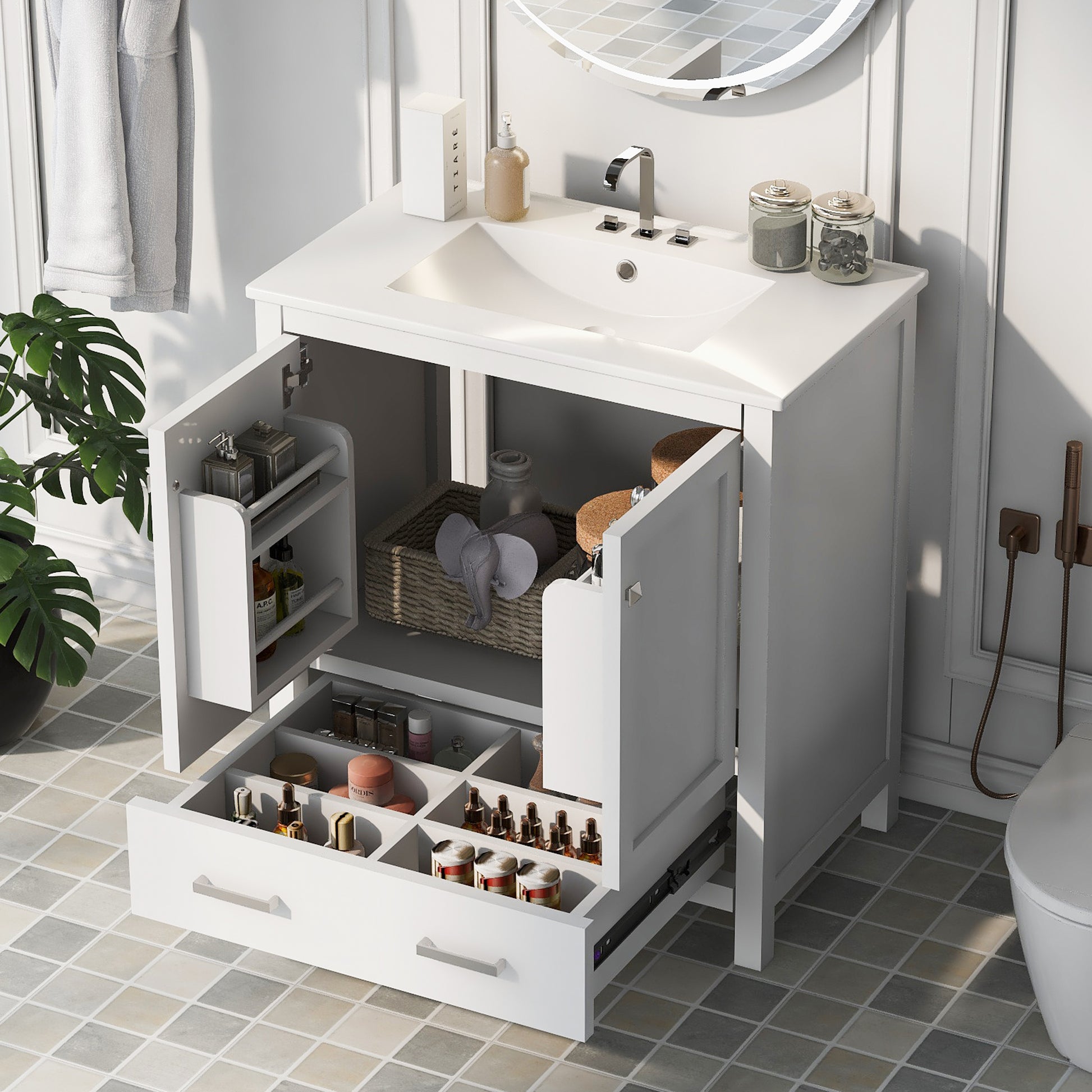 30" White Bathroom Vanity With Single Sink, Combo Cabinet Undermount Sink, Bathroom Storage Cabinet With 2 Doors And A Drawer, Soft Closing, Multifunctional Storage, Solid Wood Frame White Bathroom Solid Wood Mdf