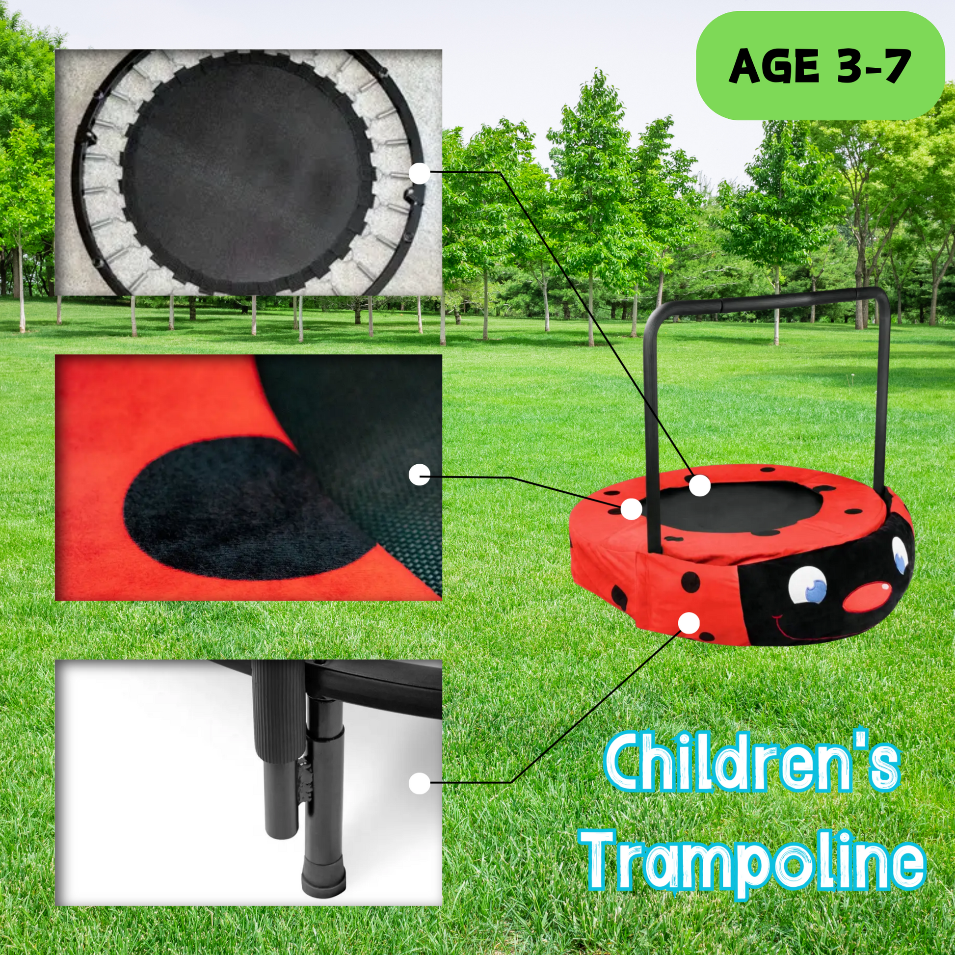 Xtp003 Assembled Children'S Trampoline Happy Expression Outdoor And Indoor Dual Use Ladybug Black And Red Foldable Iron Tube For Kids Age 3 7 Black Red Steel