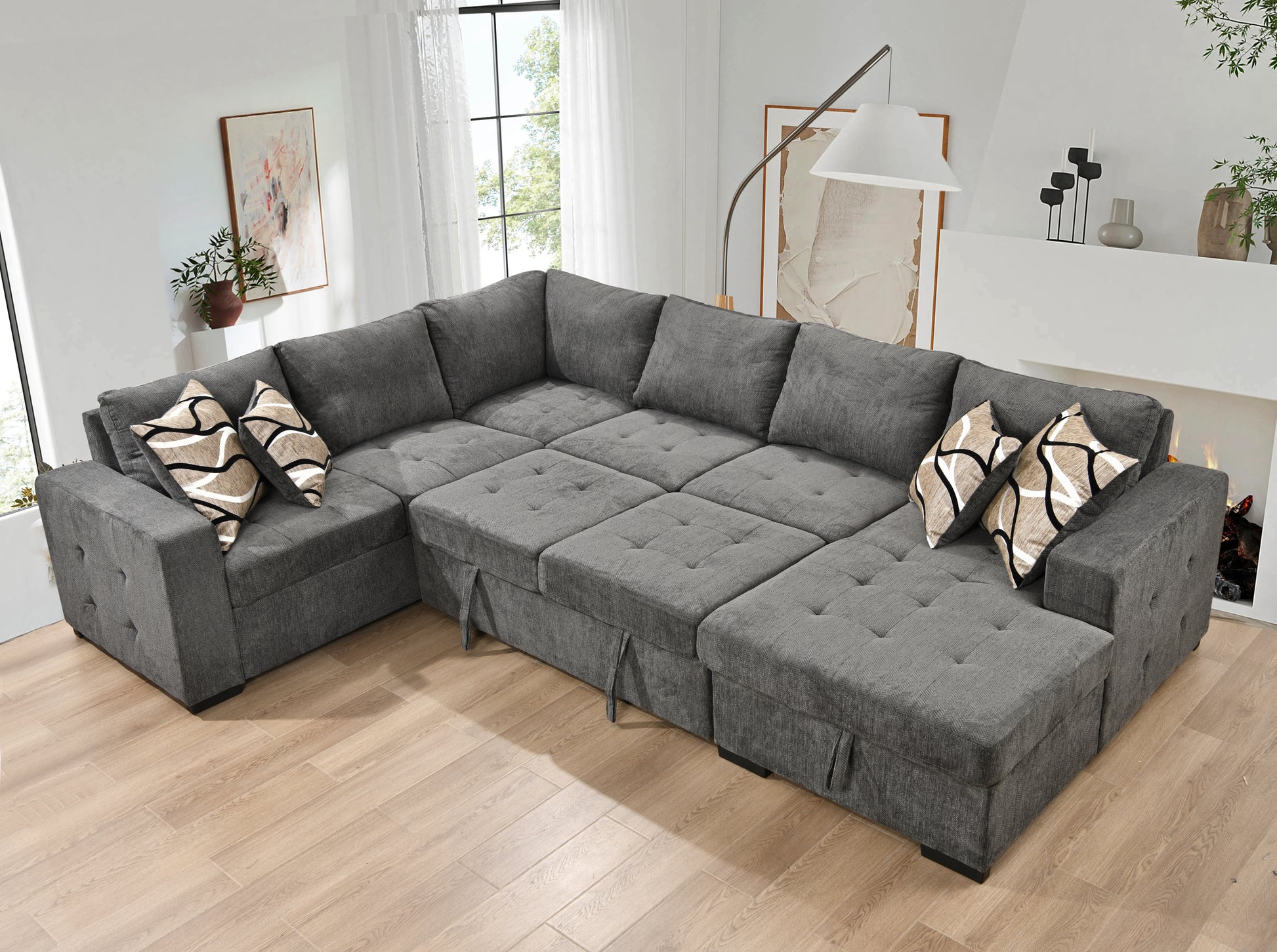 123" Oversized Sectional Sofa With Storage Chaise, U Shaped Sectional Couch With 4 Throw Pillows For Large Space Dorm Apartment. Charcoal Grey Light Brown Wood Primary Living Space Medium Duty Eucalyptus 6 Seat Charcoal Grey Chenille Soft Pillow Back