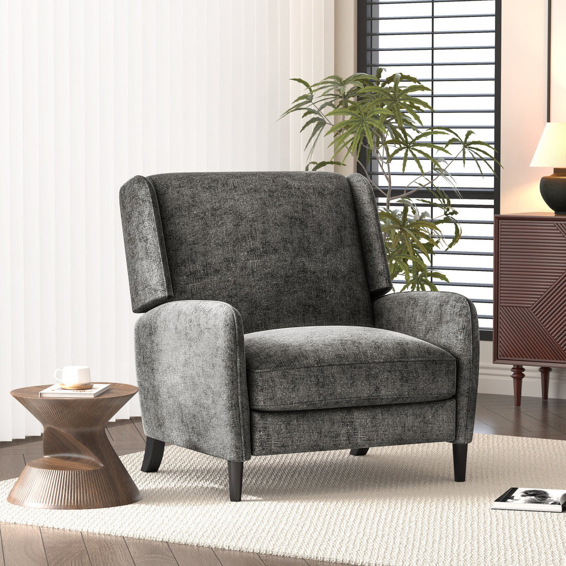 Oversized Textured Fabric Pushback Recliner, Gray And Dark Brown Grey Fabric