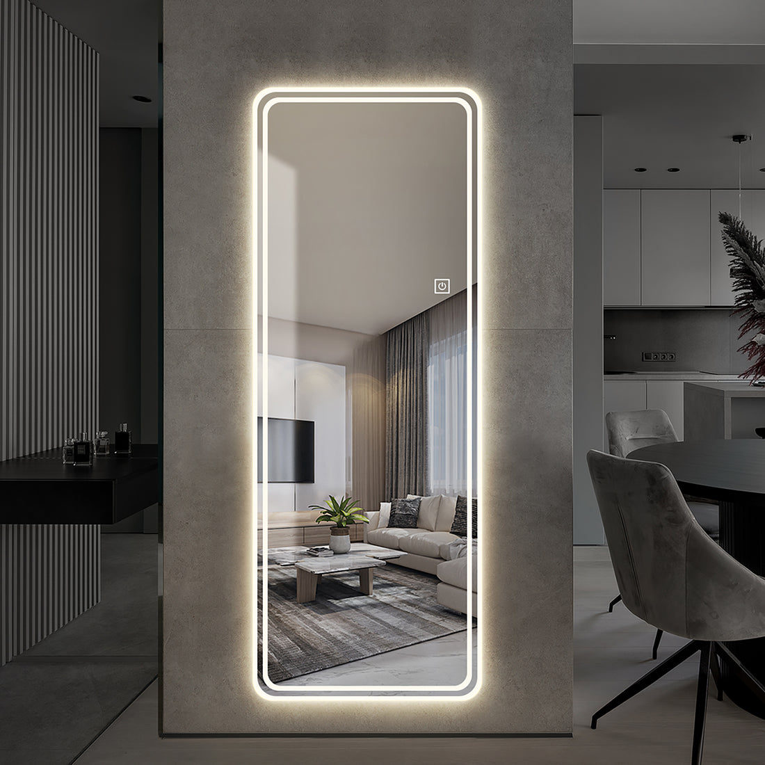 65"X24" Full Length Floor Mirror Led Whole Body Mirror, Wall Mounted Hanging Mirror With Lights, Makeup Vanity Mirror, Bedroom Full Size Body Mirror With Dimming & 3 Color Modes Clear Glass