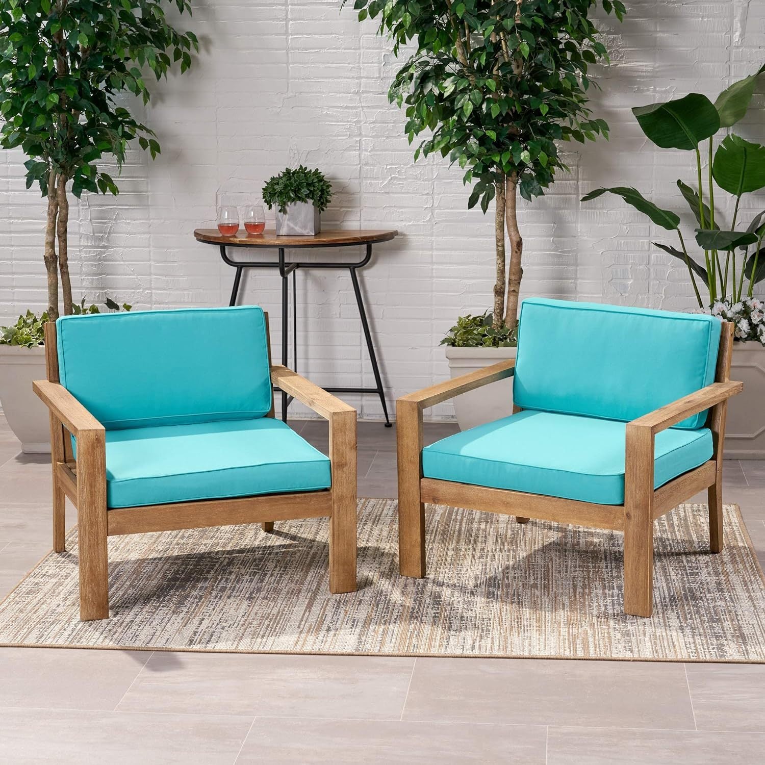 Outdoor Acacia Wood Club Chairs With Cushions Set Of 2 Brown Teal Wood