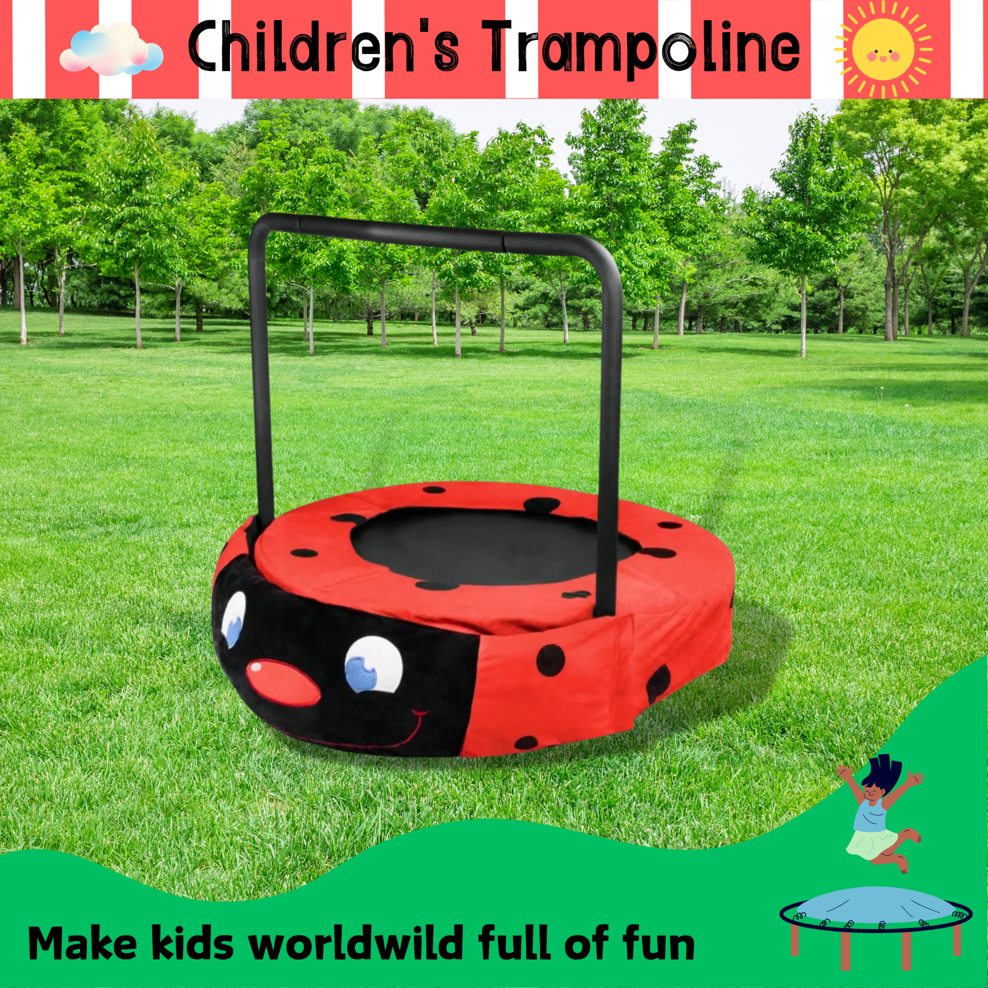 Xtp003 Assembled Children'S Trampoline Happy Expression Outdoor And Indoor Dual Use Ladybug Black And Red Foldable Iron Tube For Kids Age 3 7 Black Red Steel