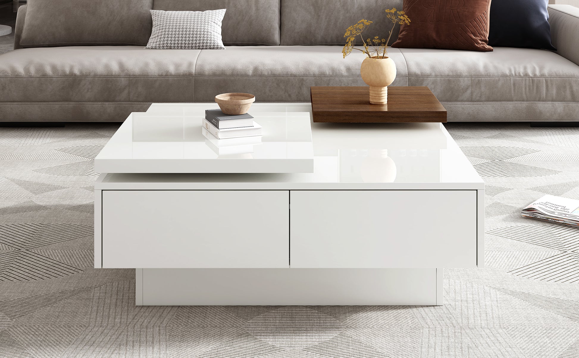 Movable Top Coffee Table, Modern Square Wood Coffee Table With High Gloss Finish, 4 Hidden Storage Drawers For Living Room White Mdf