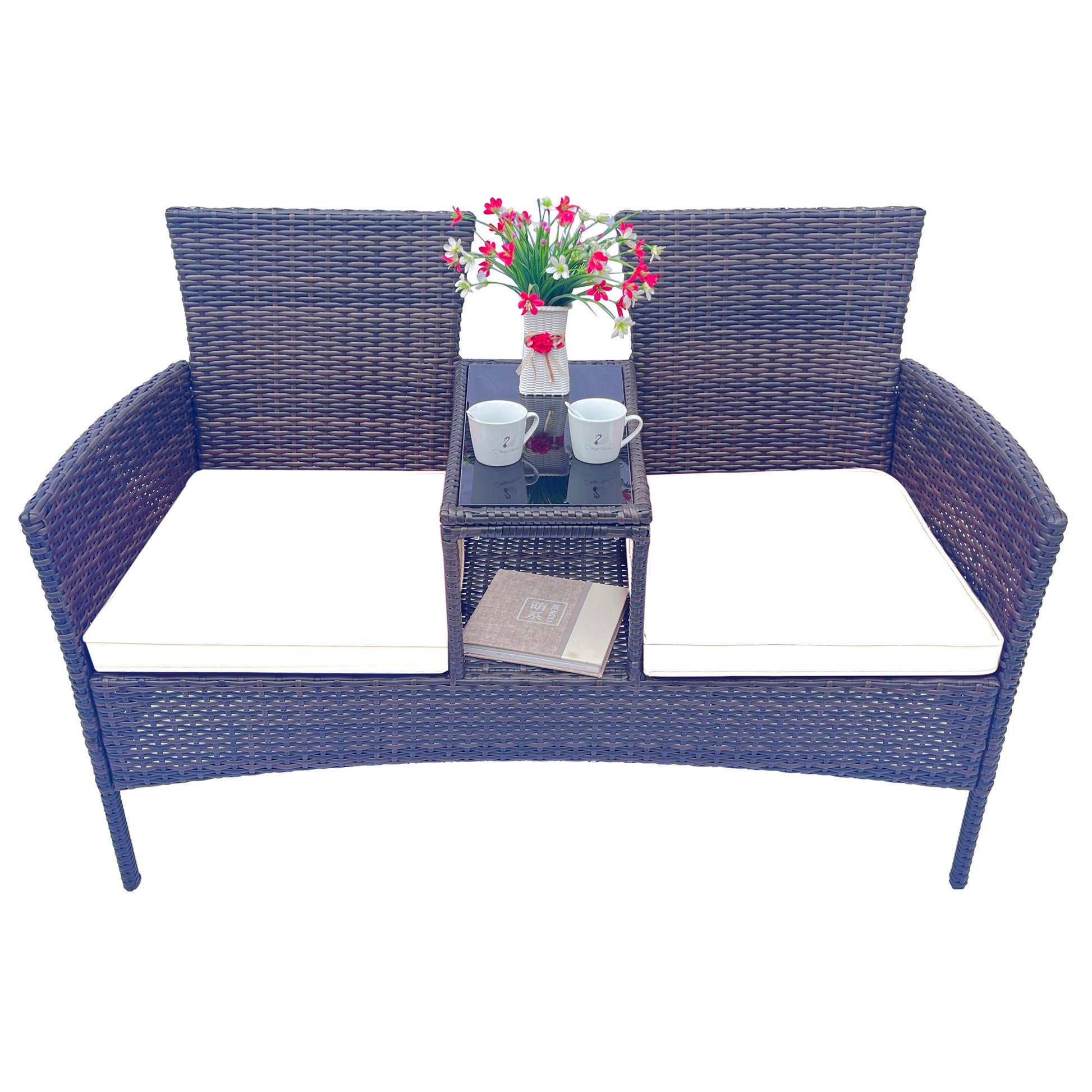 Wicker Patio Conversation Furniture Set, Outdoor Furniture Set With Removable Cushions & Table, Tempered Glass Top, Modern Rattan Bench For Garden Lawn Backyard Yes Complete Patio Set Brown Beige Weather Resistant Frame Water Resistant Cushion Garden &