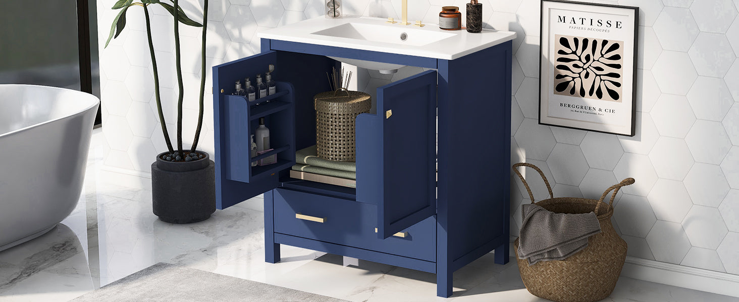 30" Blue Bathroom Vanity With Single Sink, Combo Cabinet Undermount Sink, Bathroom Storage Cabinet With 2 Doors And A Drawer, Soft Closing, Multifunctional Storage, Solid Wood Frame Blue Bathroom Solid Wood Mdf