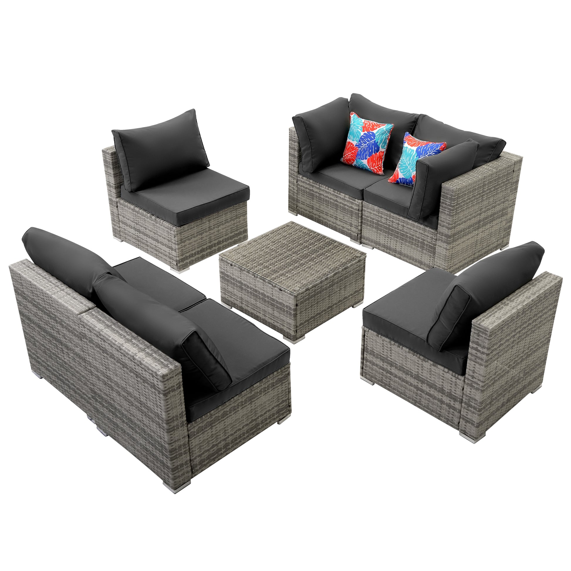 7 Piece Outdoor Pe Wicker Furniture Set, Patio Black Rattan Sectional Sofa Couch With Washable Cushions Gray Polyester Pe Rattan Iron Waterproof Fabric