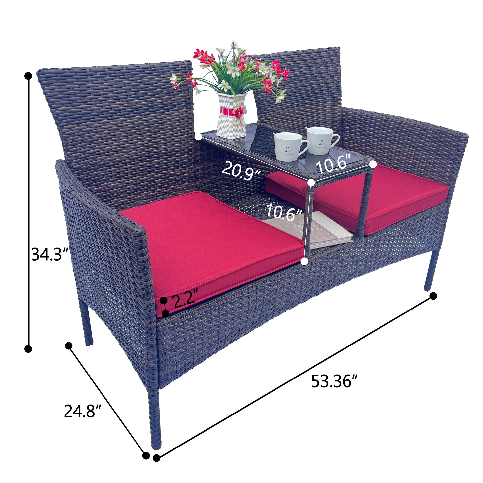 Wicker Patio Conversation Furniture Set, Outdoor Furniture Set With Removable Cushions & Table, Tempered Glass Top, Modern Rattan Bench For Garden Lawn Backyard Yes Complete Patio Set Red Brown Weather Resistant Frame Water Resistant Cushion Garden &