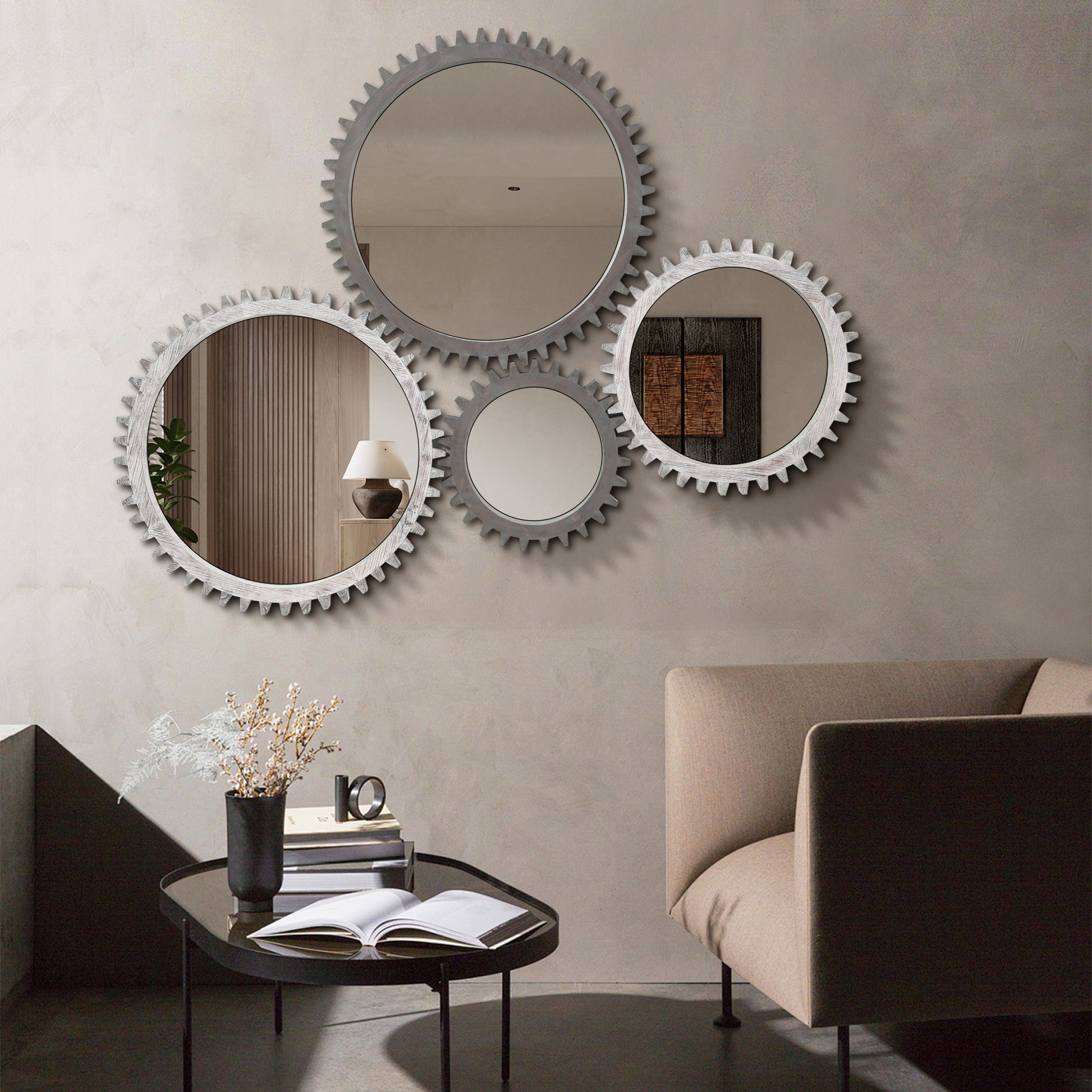 Vintage 26'' X 26'' Wall Wood Round Hanging Gear Shape Heavy Decorative Mirror For Bathroom Living Room Entryway Or Put Together To Your Liking Antique Dark Brown Dark Brown Antique Glass Mirror