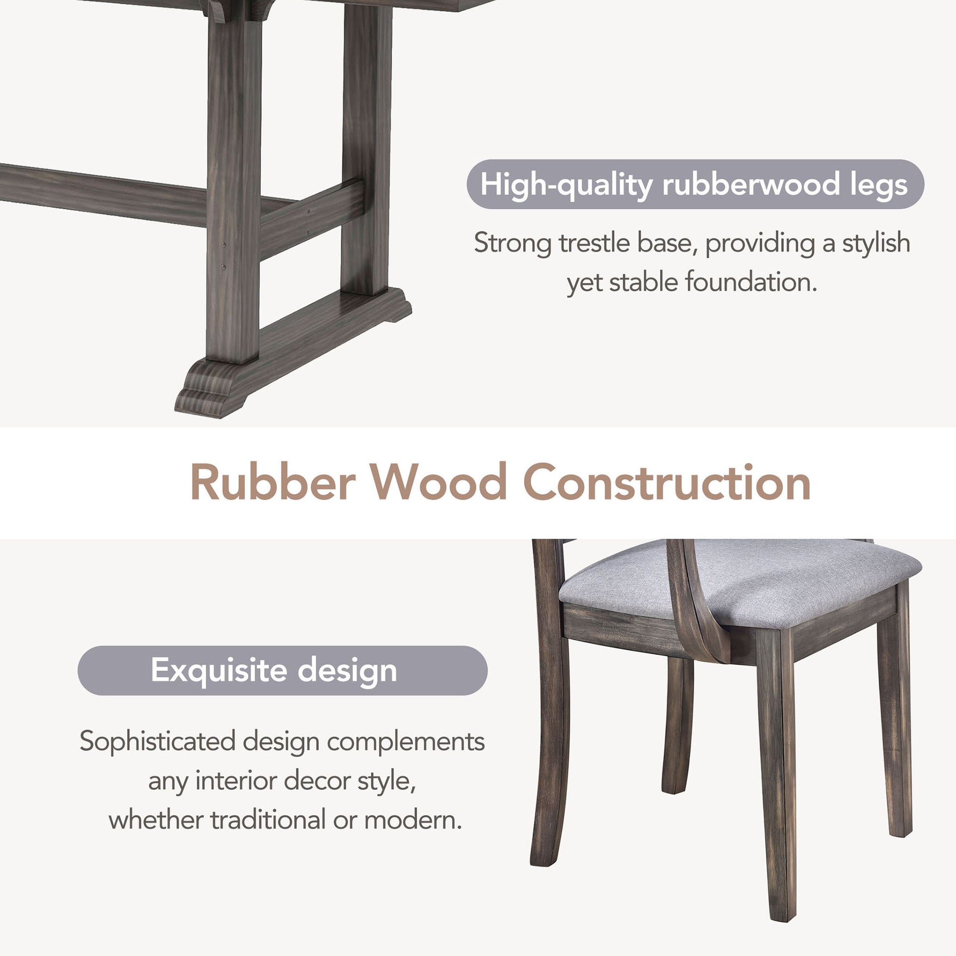 7 Piece Updated 76.9Inch Extendable Trestle Dining Table Set With Removable Leaf, Kitchen Table Set With Upholstered Side Chair And Arm Chair, Set Of 6, Grey Brown Wood Dining Room Solid Wood Rubberwood Rectangular Dining Table With Chair Upholstered