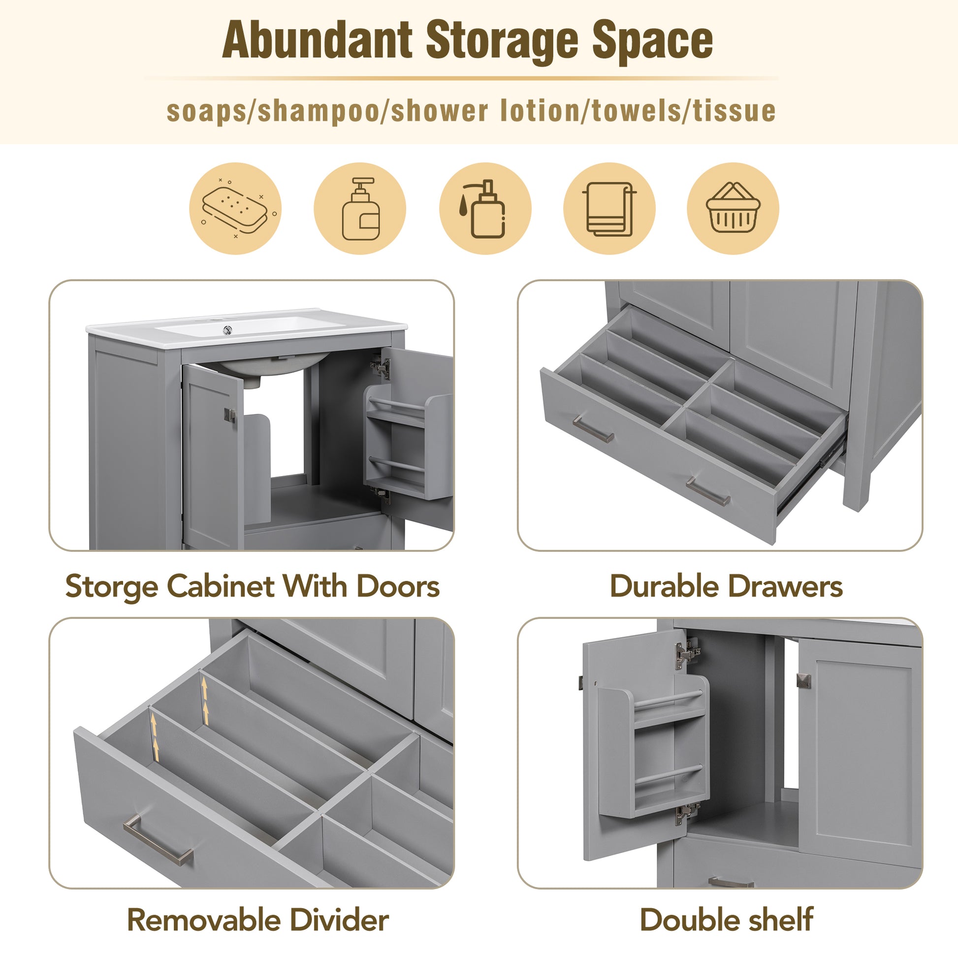 30" Gray Bathroom Vanity With Single Sink, Combo Cabinet Undermount Sink, Bathroom Storage Cabinet With 2 Doors And A Drawer, Soft Closing, Multifunctional Storage, Solid Wood Frame Gray Bathroom Solid Wood Mdf