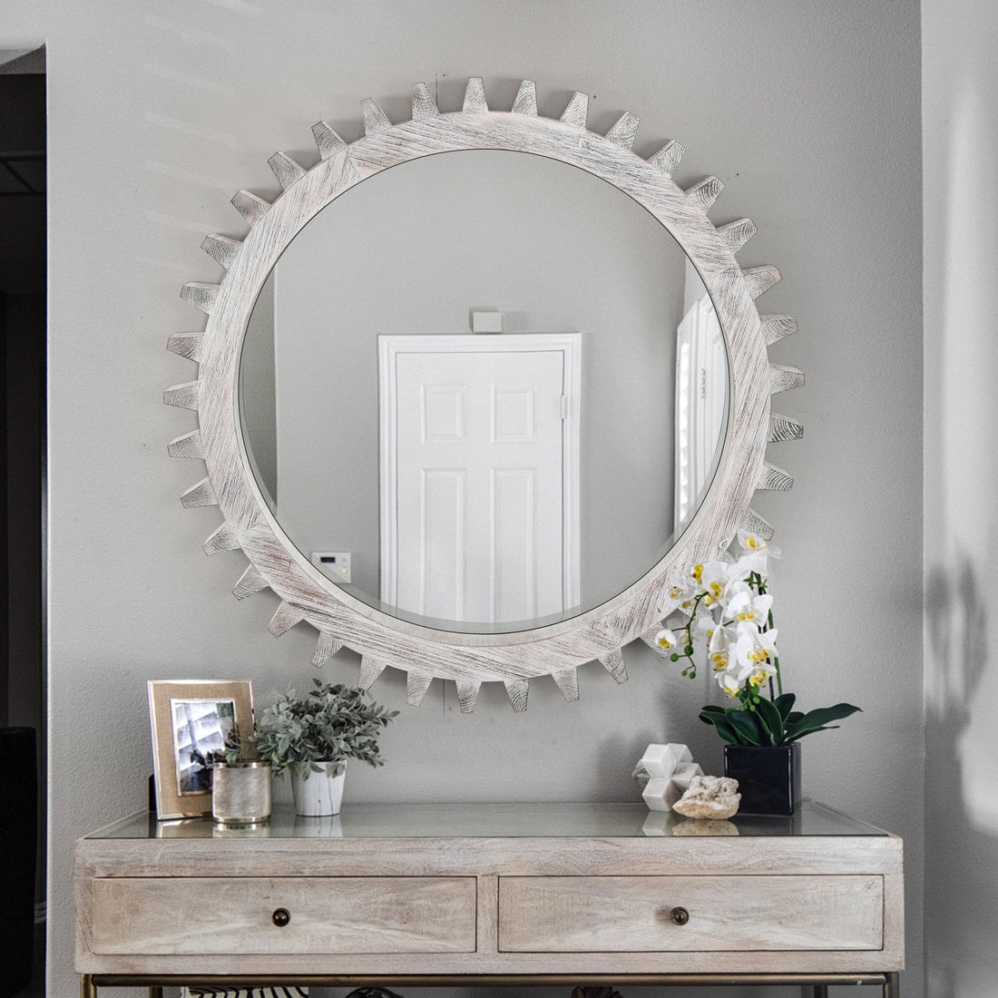 Vintage 34'' X 34'' Wood Round Hanging Gear Shape Heavy Decorative Mirror For Bathroom Living Room Entryway Or Put Together To Your Liking. Antique White Washed Oval Or Circle Framed White Washed Living Room Large 33In 40In American Design,Antique Solid