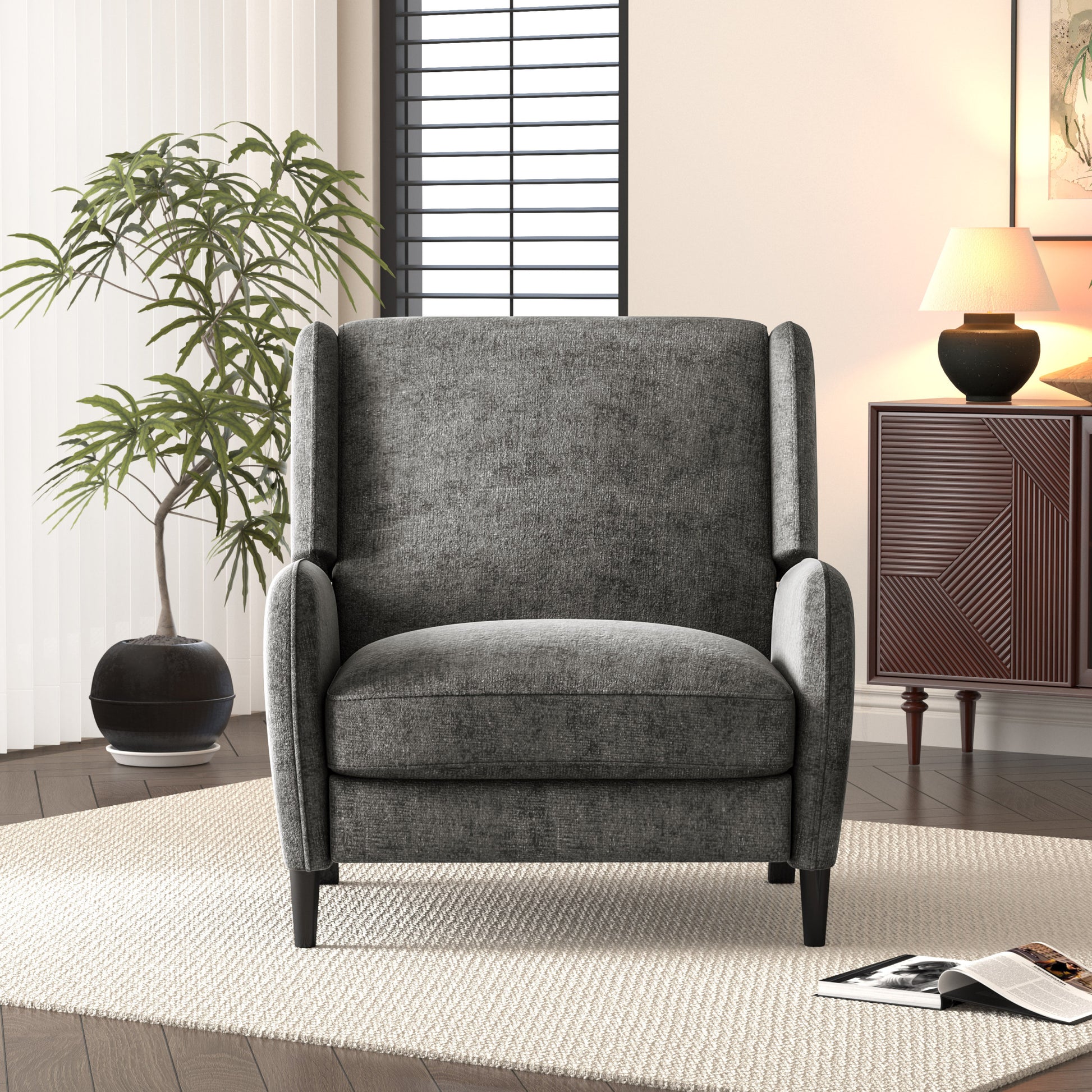 Oversized Textured Fabric Pushback Recliner, Gray And Dark Brown Grey Fabric