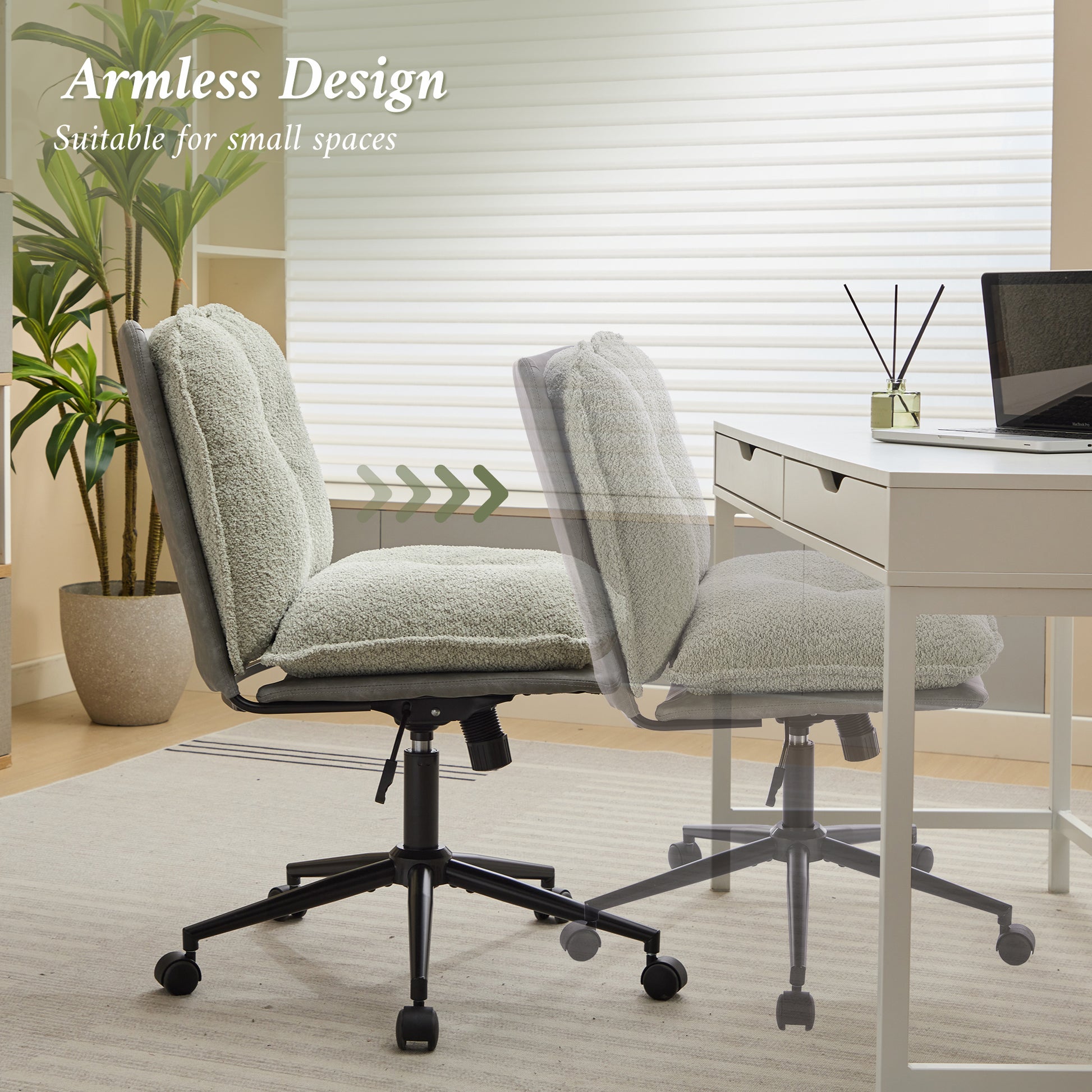Oversize Seat Cirss Cross Chair With Wheels, Elegant Design Computer Chair, Adjustable Height 360 Rolling Swivel Home Office Chair For Small Space, Dressing Room, Living Room Gray Green Gray Primary Living Space Casual Foam Pu Leather