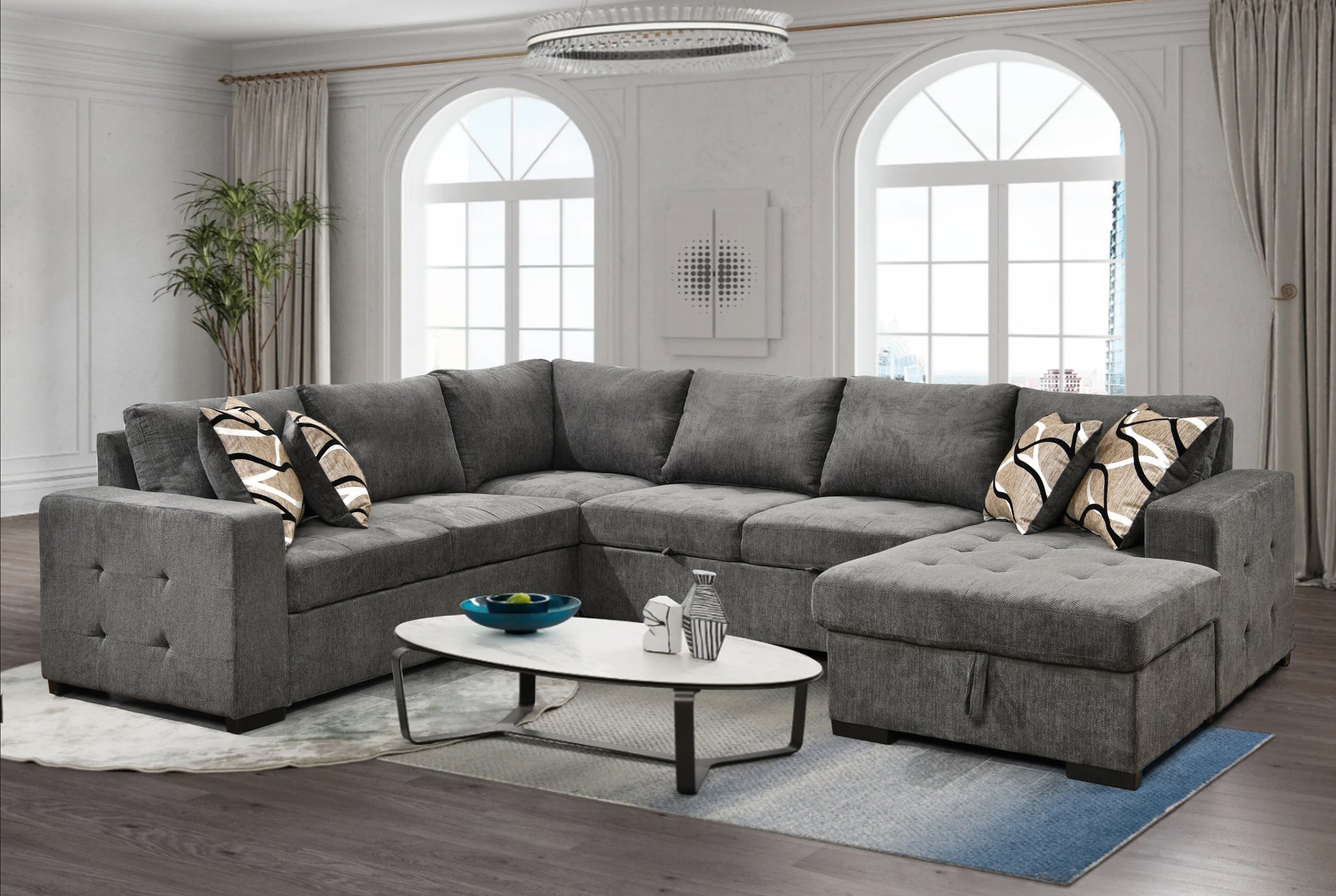 123" Oversized Sectional Sofa With Storage Chaise, U Shaped Sectional Couch With 4 Throw Pillows For Large Space Dorm Apartment. Charcoal Grey Light Brown Wood Primary Living Space Medium Duty Eucalyptus 6 Seat Charcoal Grey Chenille Soft Pillow Back