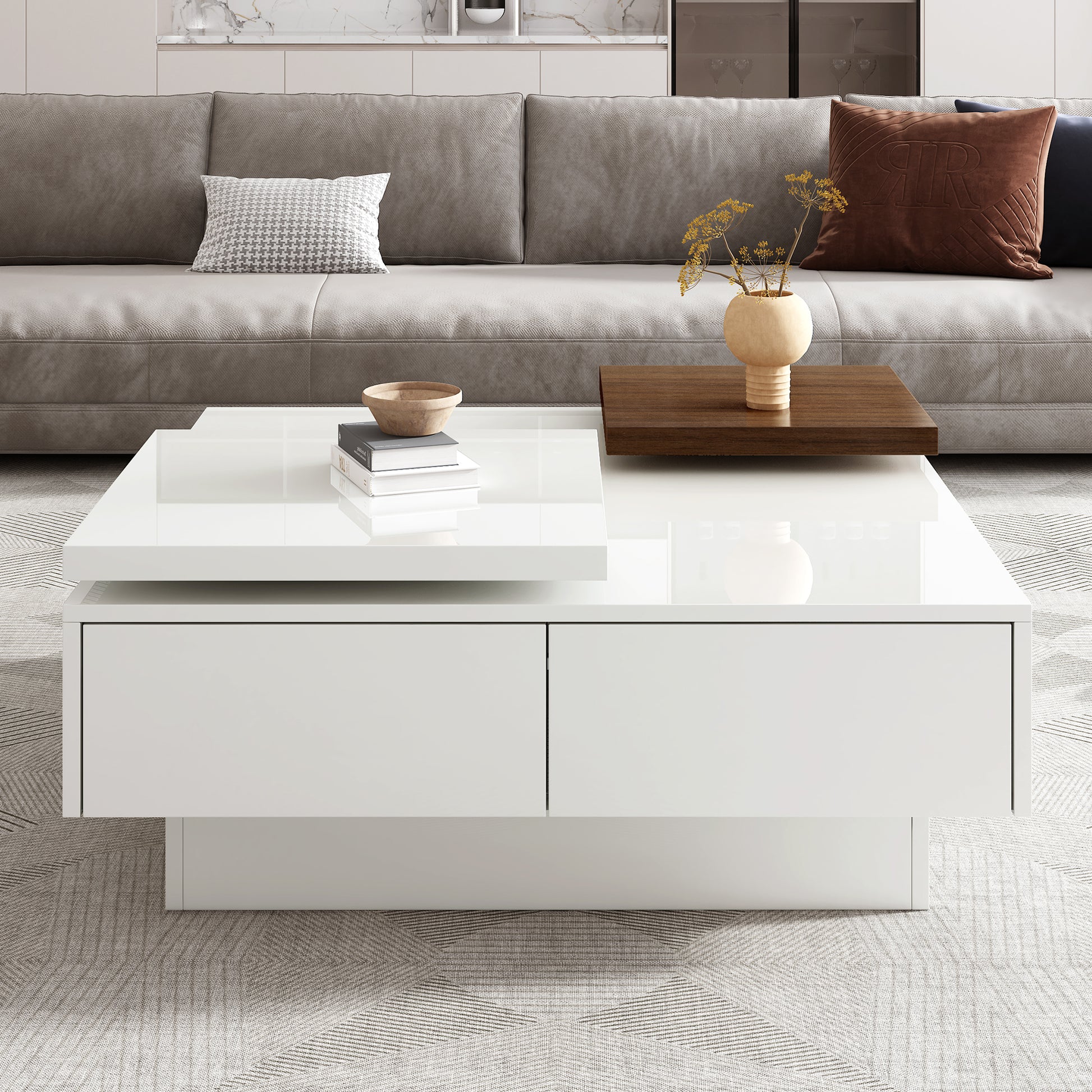 Movable Top Coffee Table, Modern Square Wood Coffee Table With High Gloss Finish, 4 Hidden Storage Drawers For Living Room White Mdf