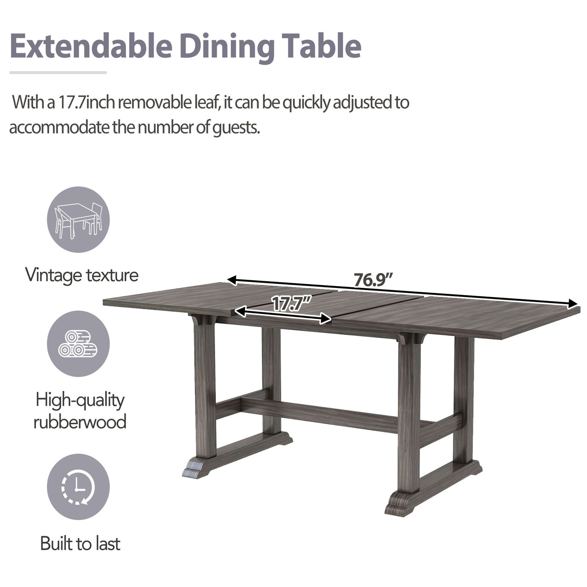 7 Piece Updated 76.9Inch Extendable Trestle Dining Table Set With Removable Leaf, Kitchen Table Set With Upholstered Side Chair And Arm Chair, Set Of 6, Grey Brown Wood Dining Room Solid Wood Rubberwood Rectangular Dining Table With Chair Upholstered
