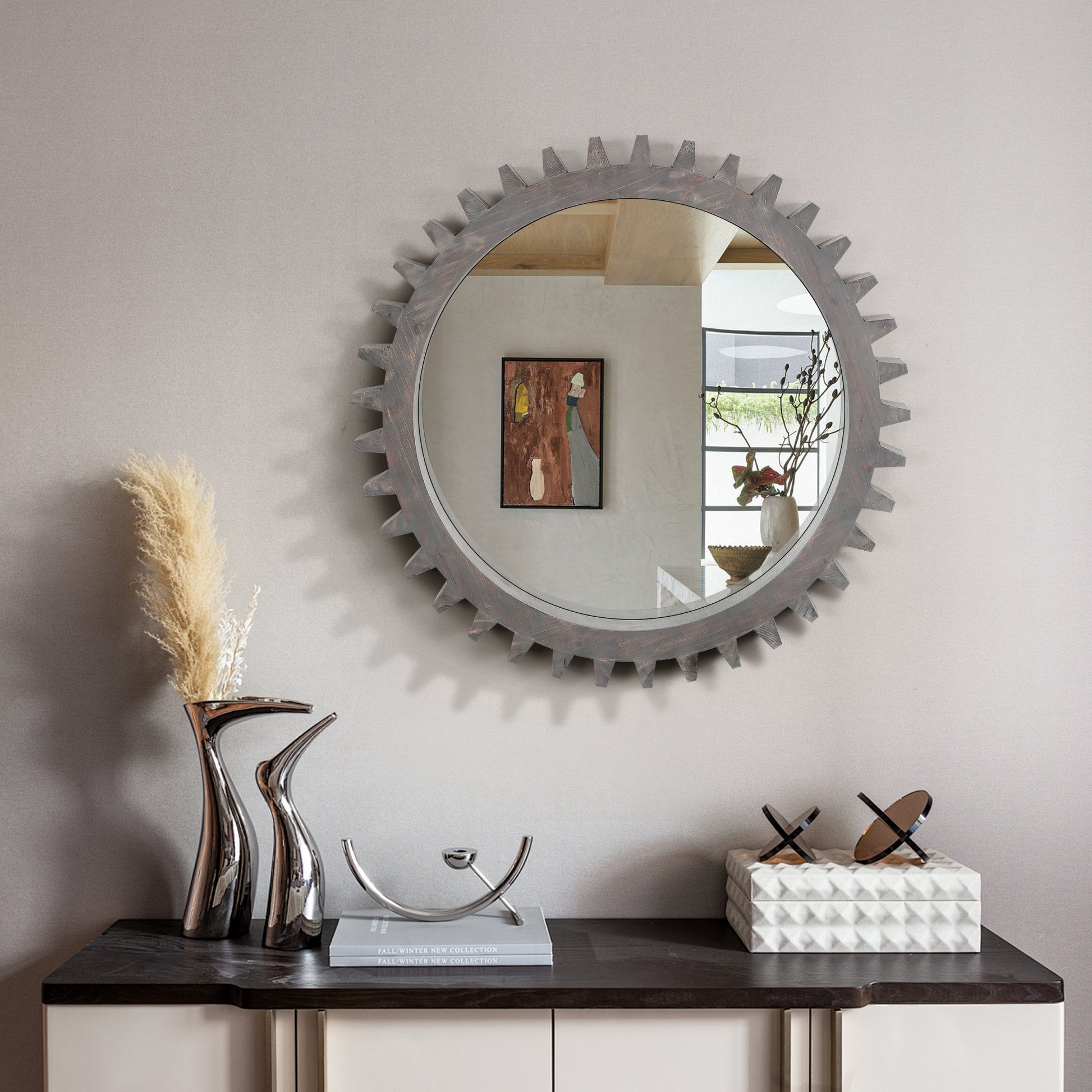Vintage 34'' X 34'' Wood Round Hanging Gear Shape Heavy Decorative Mirror For Bathroom Living Room Entryway Or Put Together To Your Liking Antique Dark Brown Dark Brown Glass Mirror