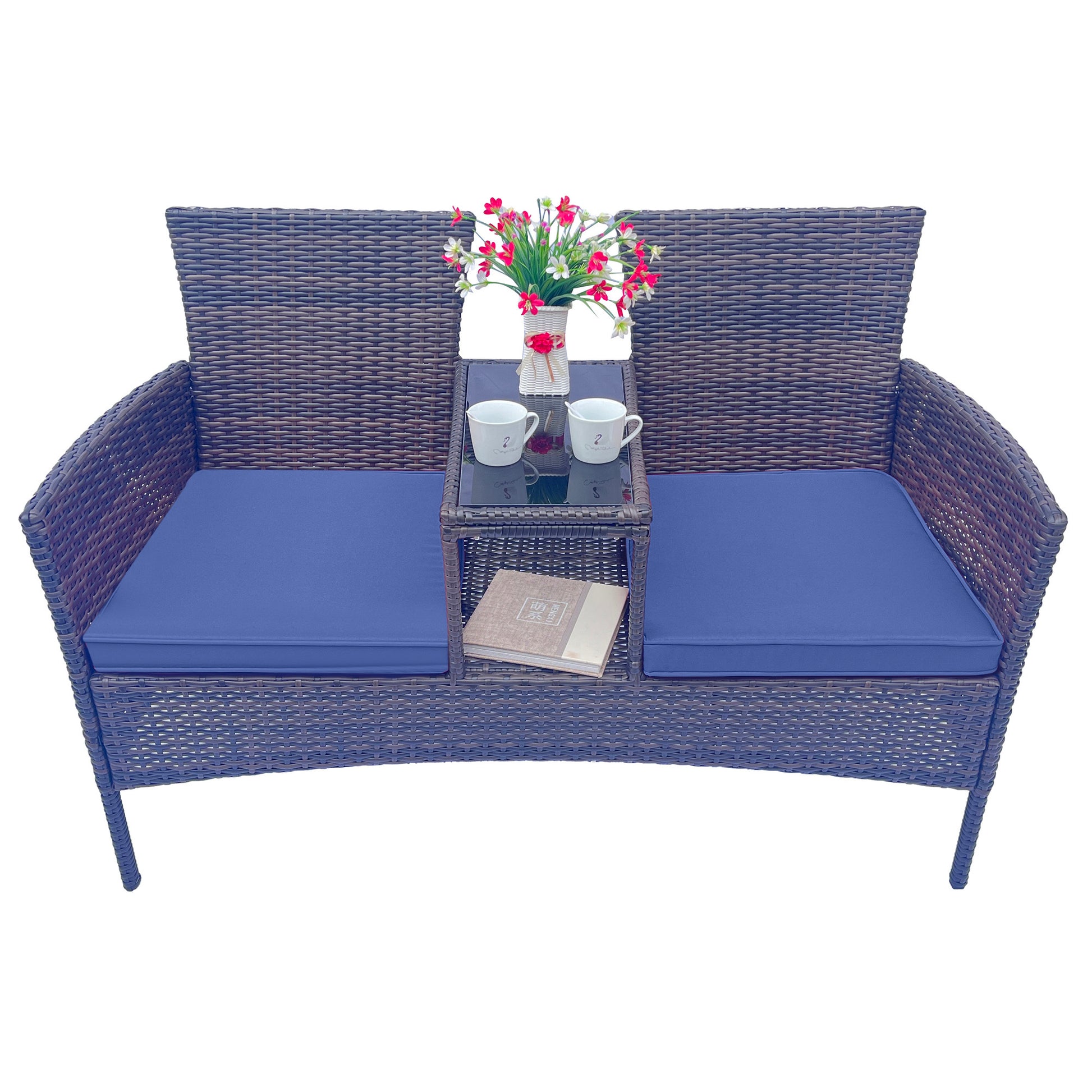 Wicker Patio Conversation Furniture Set, Outdoor Furniture Set With Removable Cushions & Table, Tempered Glass Top, Modern Rattan Bench For Garden Lawn Backyard Yes Complete Patio Set Blue Brown Weather Resistant Frame Water Resistant Cushion Garden &