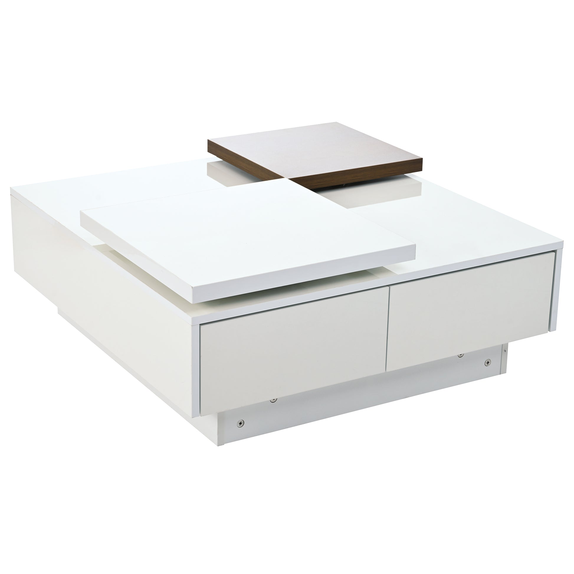 Movable Top Coffee Table, Modern Square Wood Coffee Table With High Gloss Finish, 4 Hidden Storage Drawers For Living Room White Mdf