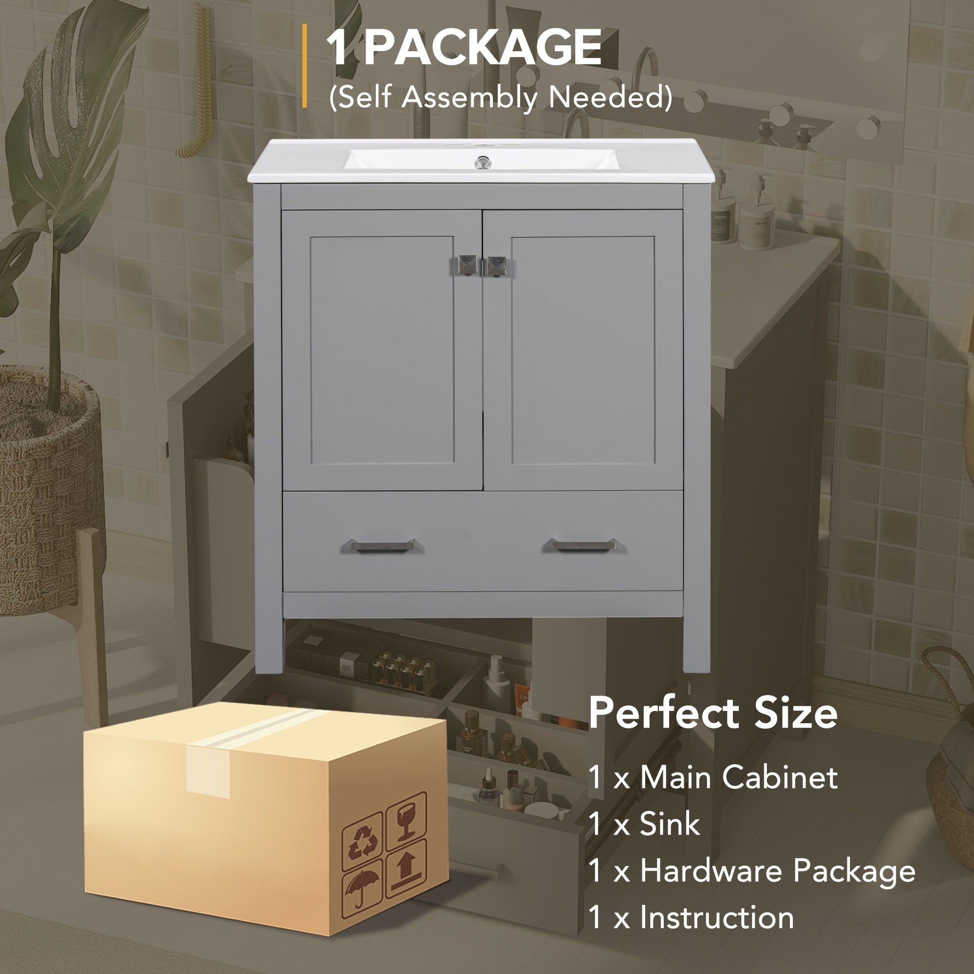 30" Gray Bathroom Vanity With Single Sink, Combo Cabinet Undermount Sink, Bathroom Storage Cabinet With 2 Doors And A Drawer, Soft Closing, Multifunctional Storage, Solid Wood Frame Gray Bathroom Solid Wood Mdf