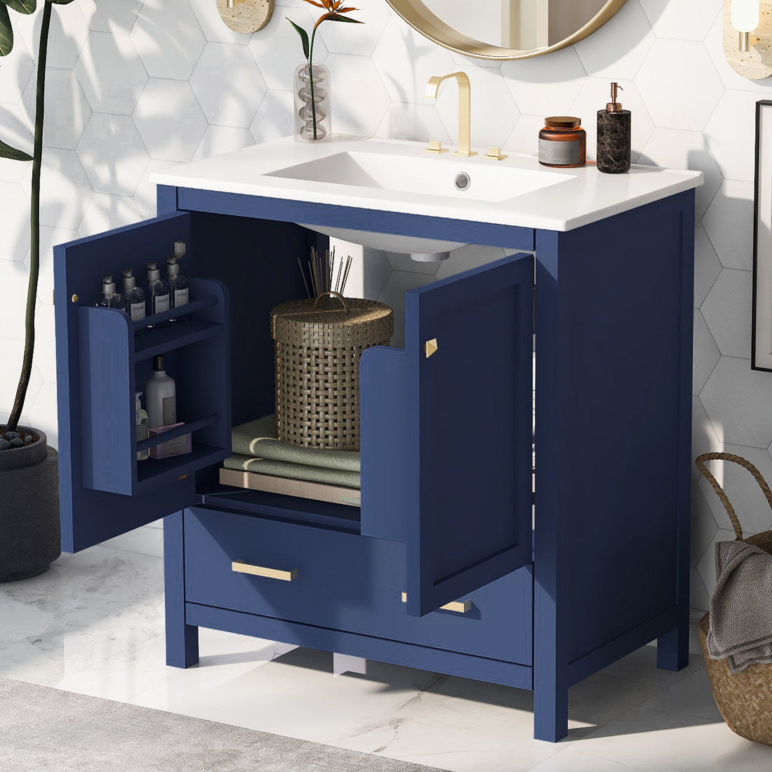 30" Blue Bathroom Vanity With Single Sink, Combo Cabinet Undermount Sink, Bathroom Storage Cabinet With 2 Doors And A Drawer, Soft Closing, Multifunctional Storage, Solid Wood Frame Blue Bathroom Solid Wood Mdf