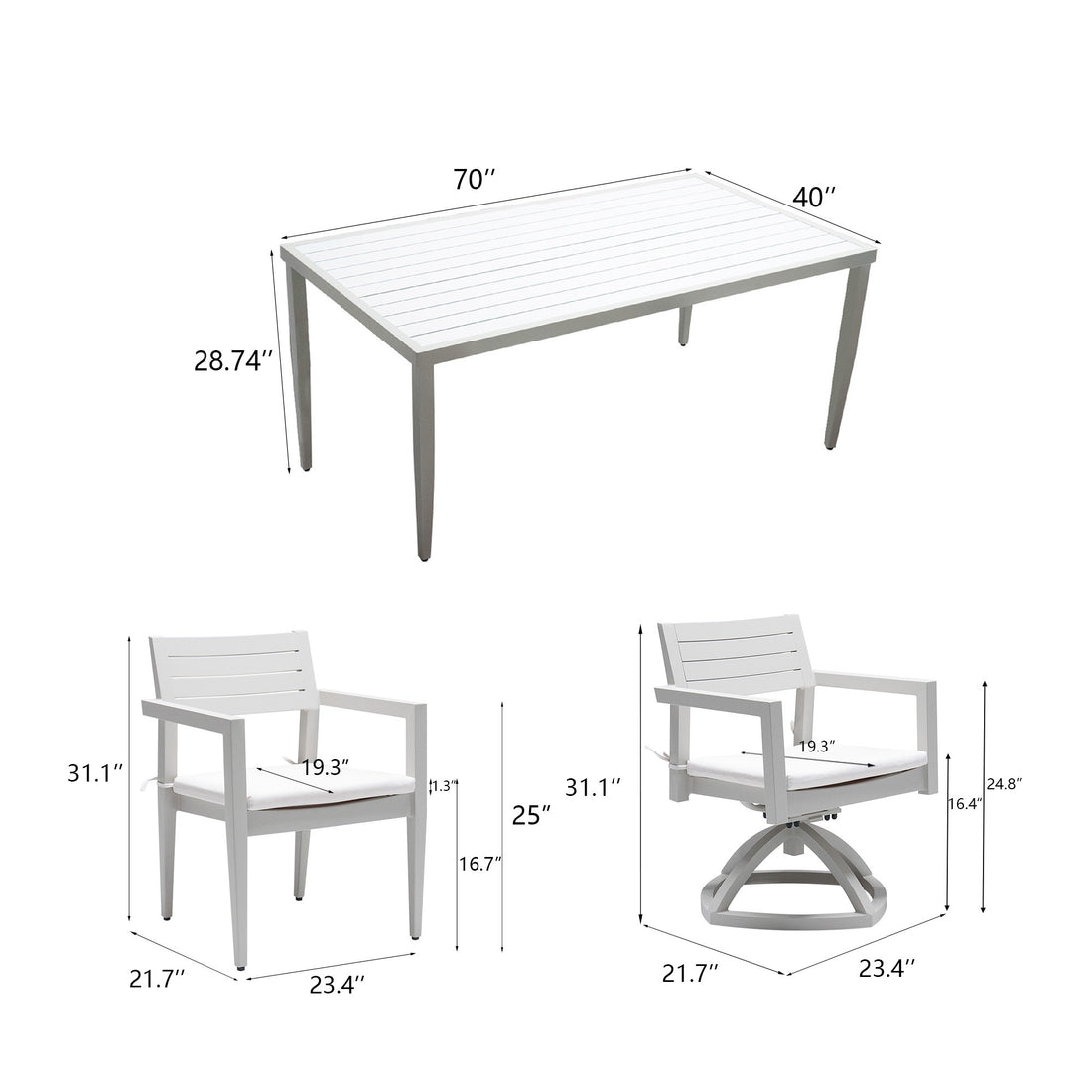 7Pc Patio Aluminum Furniture, Modern Dining Set Including 4 Dining Chairs & 2 Swivel Rockers Sunbrella Fabric Cushioned And Two Tone Table Top Rectangle Table With Umbrella Hole, Matte White Grayish Yes Matte White Grayish Seats 6 Rust Resistant Frame