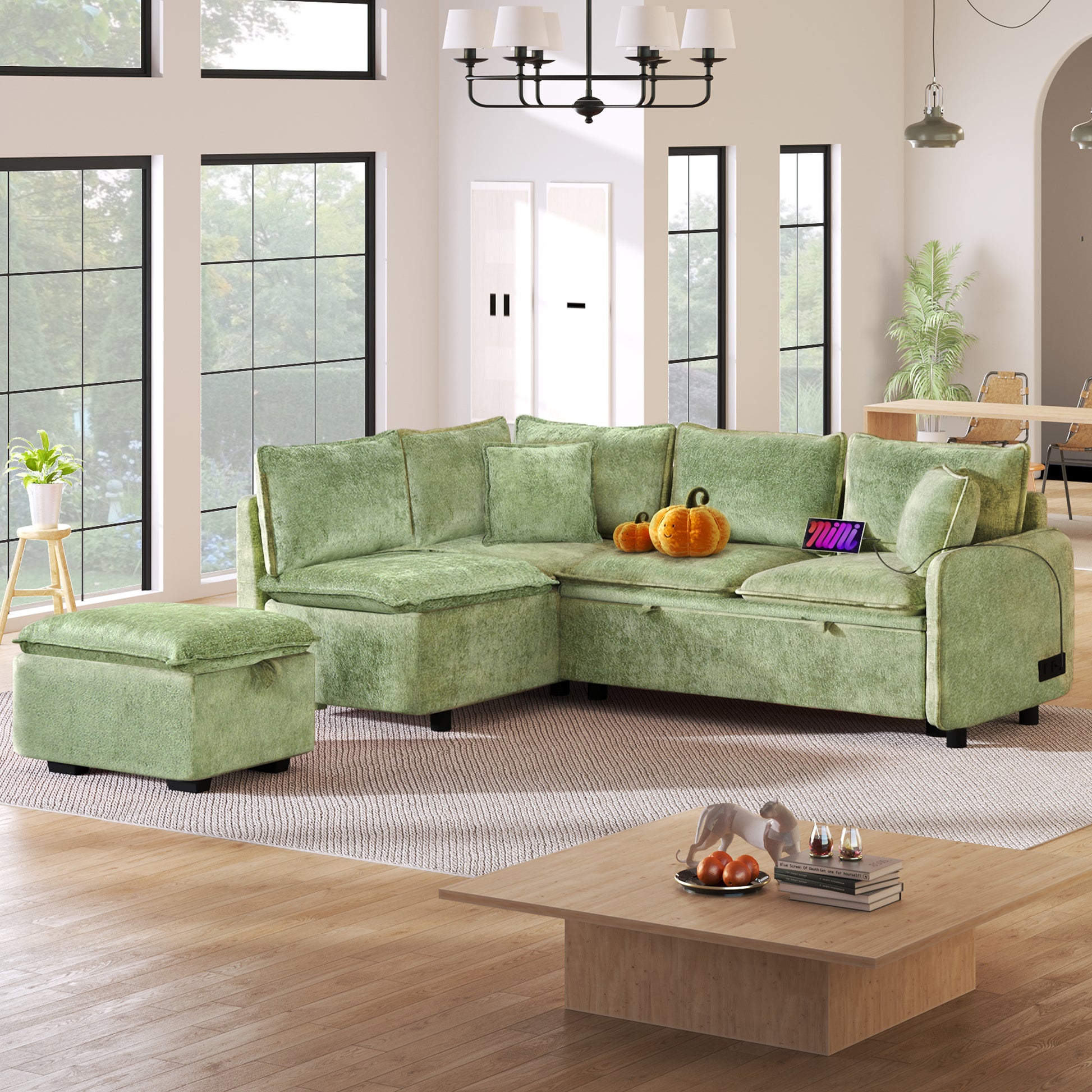 82.67"Convertible Sofa Bed Sectional Sofa Sleeper L Shaped Sofa With A Storage Ottoman,Two Pillows, Two Power Sockets And Two Usb Ports For Living Room, Green Green Foam Chenille 4 Seat