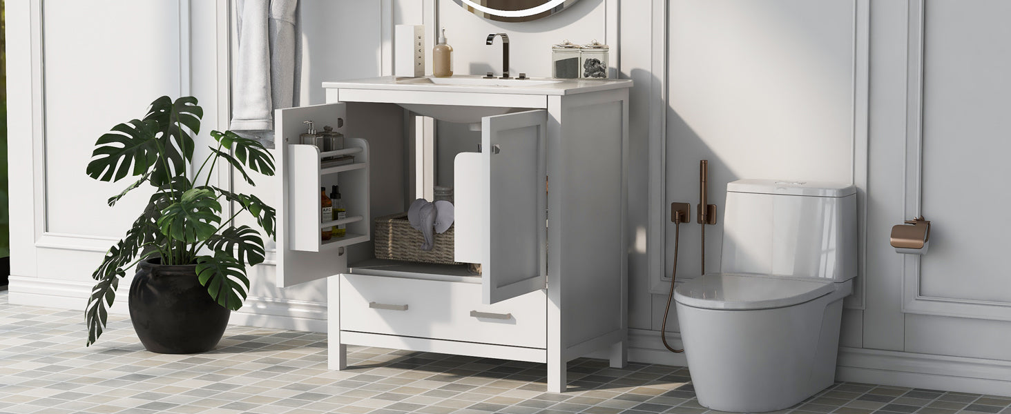 30" White Bathroom Vanity With Single Sink, Combo Cabinet Undermount Sink, Bathroom Storage Cabinet With 2 Doors And A Drawer, Soft Closing, Multifunctional Storage, Solid Wood Frame White Bathroom Solid Wood Mdf