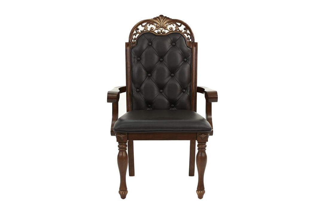 Majestic Formal Set Of 2 Arm Chairs Brown Finish Rubberwood Dining Room Furniture Intricate Design Cushion Upholstered Seat Tufted Back Brown Brown Dining Room Luxury,Traditional Arm Chair Rubberwood Tufted Back Rubber Wood