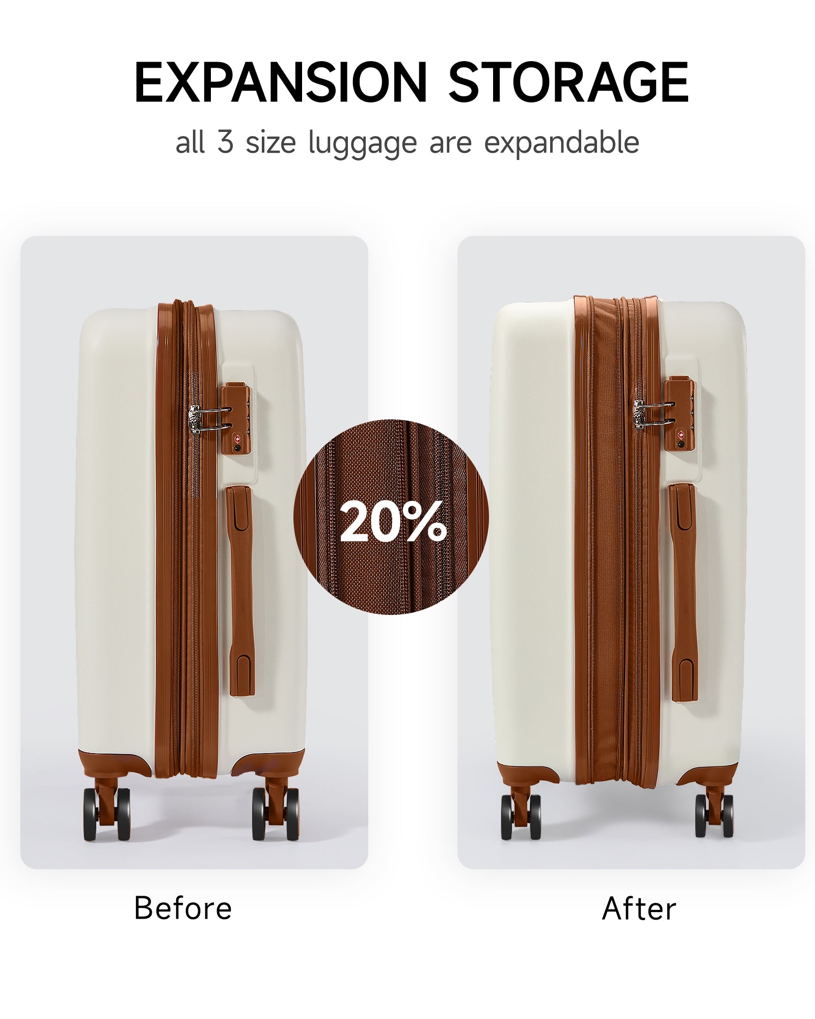 3 Pieces Set Luggage Hard Sided Expandable Luggage With Tsa Lock Travel Essentials Suitcase With Spinner Wheels Brown White Abs