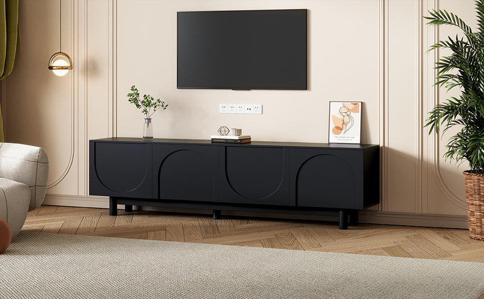 Graceful Tv Stand With Arch Cabinets For Tvs Up To 78'', Minimalist Entertainment Center With Solid Wood Legs, Practical Media Console With Adjustable Shelves For Living Room, Black Black Primary