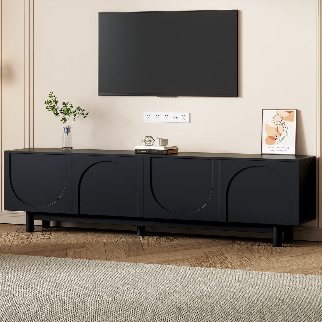 Graceful Tv Stand With Arch Cabinets For Tvs Up To 78'', Minimalist Entertainment Center With Solid Wood Legs, Practical Media Console With Adjustable Shelves For Living Room, Black Black Primary