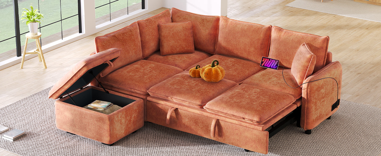 82.67"Convertible Sofa Bed Sectional Sofa Sleeper L Shaped Sofa With A Storage Ottoman,Two Pillows, Two Power Sockets And Two Usb Ports For Living Room, Orange Orange Foam Chenille 4 Seat