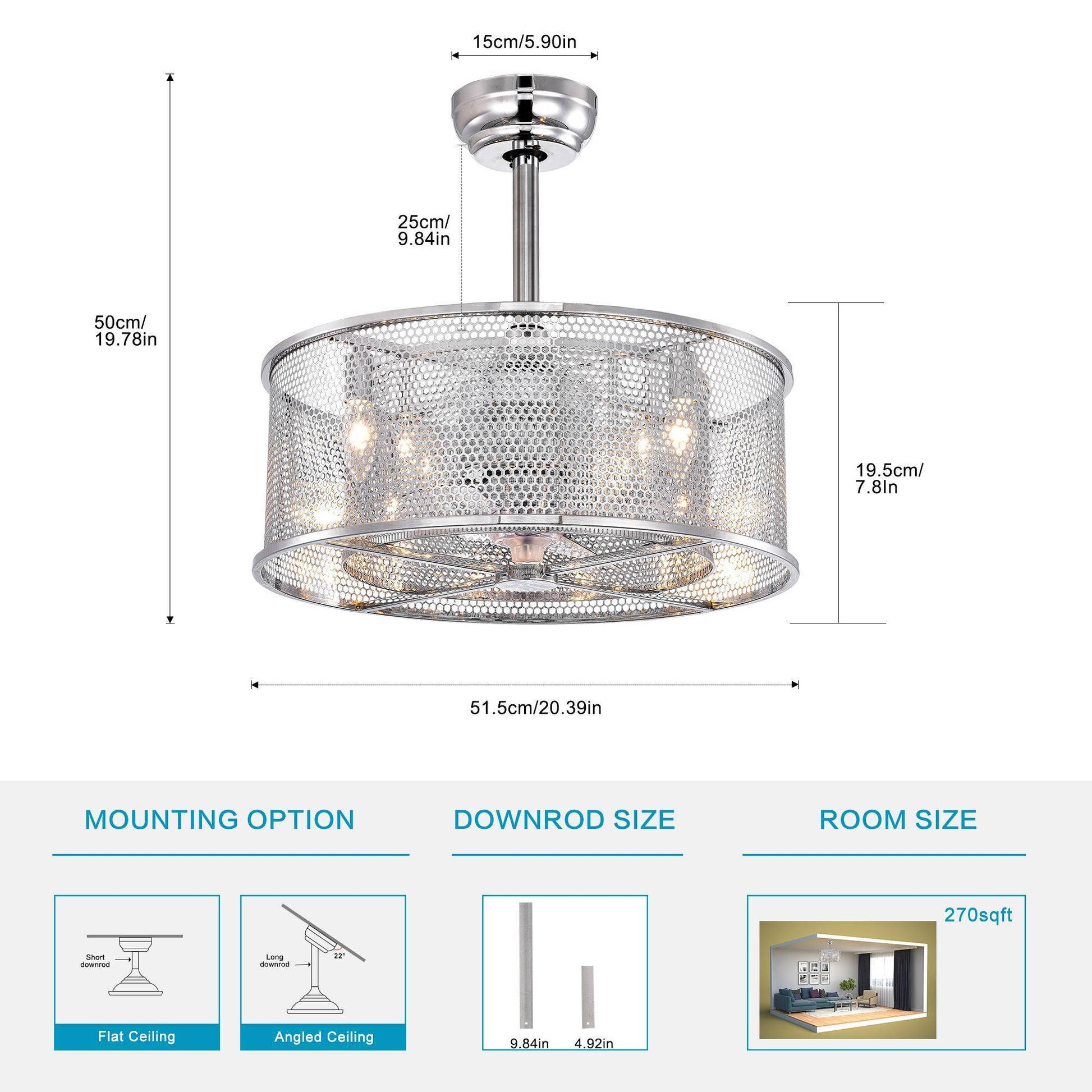 20.4'' 3 Abs Fan Blades Dual Shade Modern Ceiling Fan With Remote Control, Noiseless Reversible Ac Motor For Bedroom Living Room Study Patio,Chrome Chrome American Design,Farmhouse,Modern,Traditional,Vintage Abs Metal