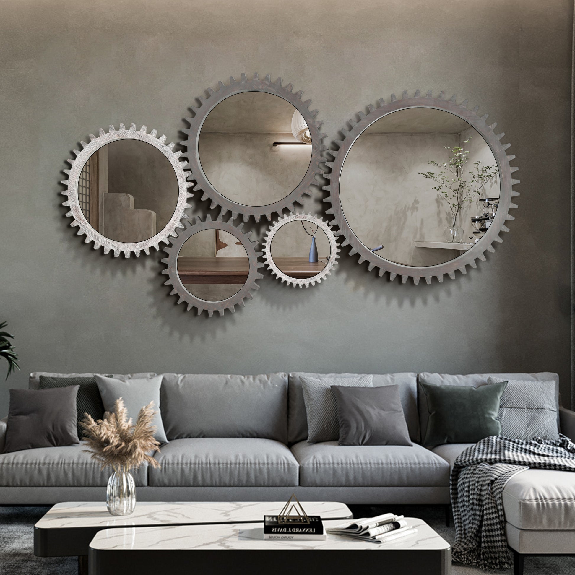 Vintage 17'' X 17'' Wood Round Hanging Gear Shape Decorative Mirror Patchwork Effect With Large Size Mirrors Individually On Art Walls,Sold Individually Antique White Washed White Washed American Design Solid Wood Mdf Mirror